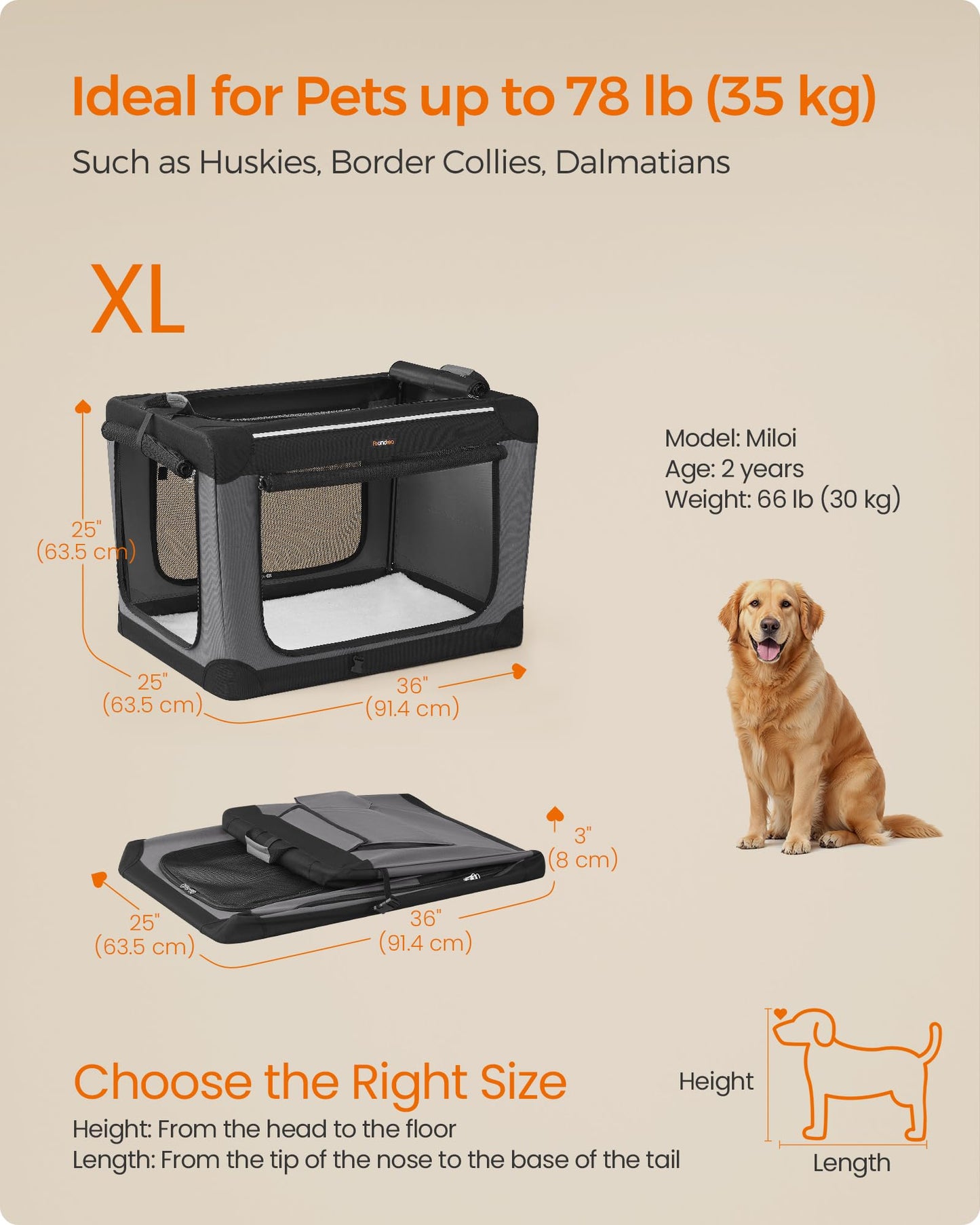 Feandrea Collapsible Dog Crate, 42-Inch Portable Dog Travel Crate for Large Dogs, Oxford Fabric Pet Carrier with 4 Mesh Doors, Handles, Storage Pocket, Water Bottle Holder, Ink Black UPDC021B01