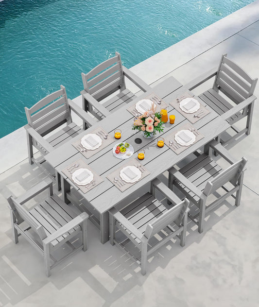 SERWALL Outdoor HDPE Dining Table Set, 7-Piece Outdoor Dining Table Sets with Umbrella Hole Cut-Out Table and 6 Chairs, Gray