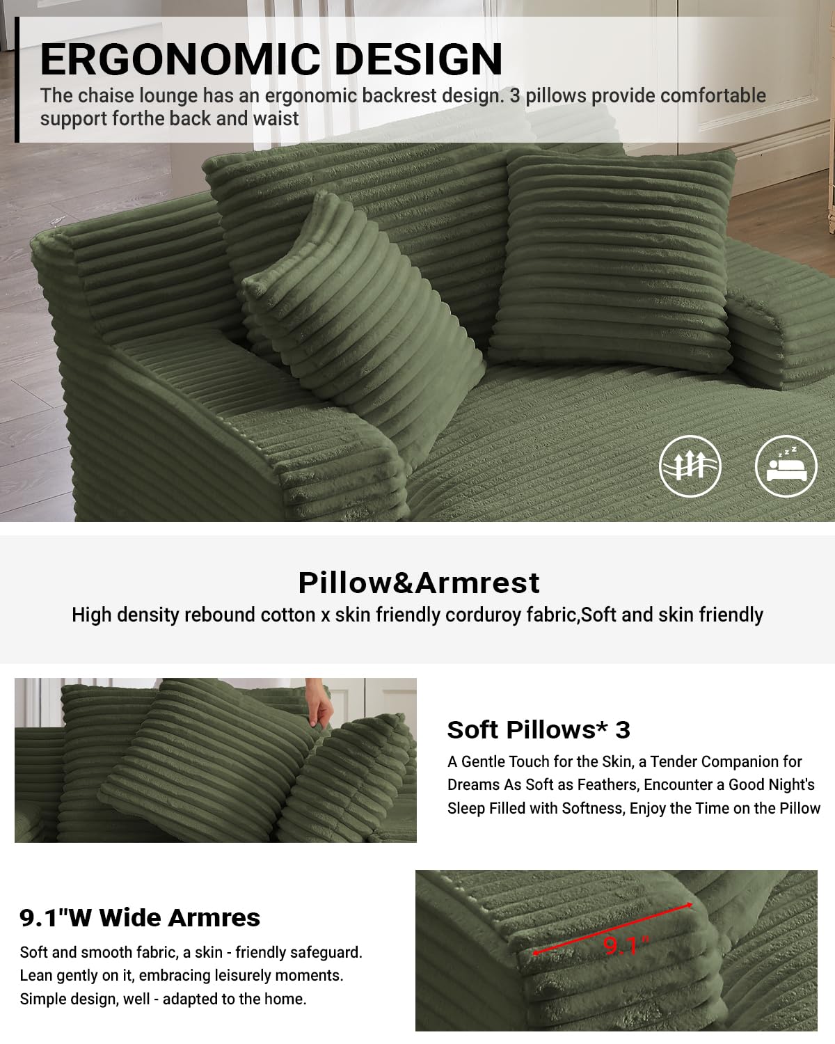 50 Inch Chaise Lounge Chair Indoor, Oversized Corduroy Upholstered Boneless Sofa Bed, Deep Seat Sleeper Couch Reading Chairs, Cloud Sofas Couches for Living Room, No Assembly Required (Dark Grey)
