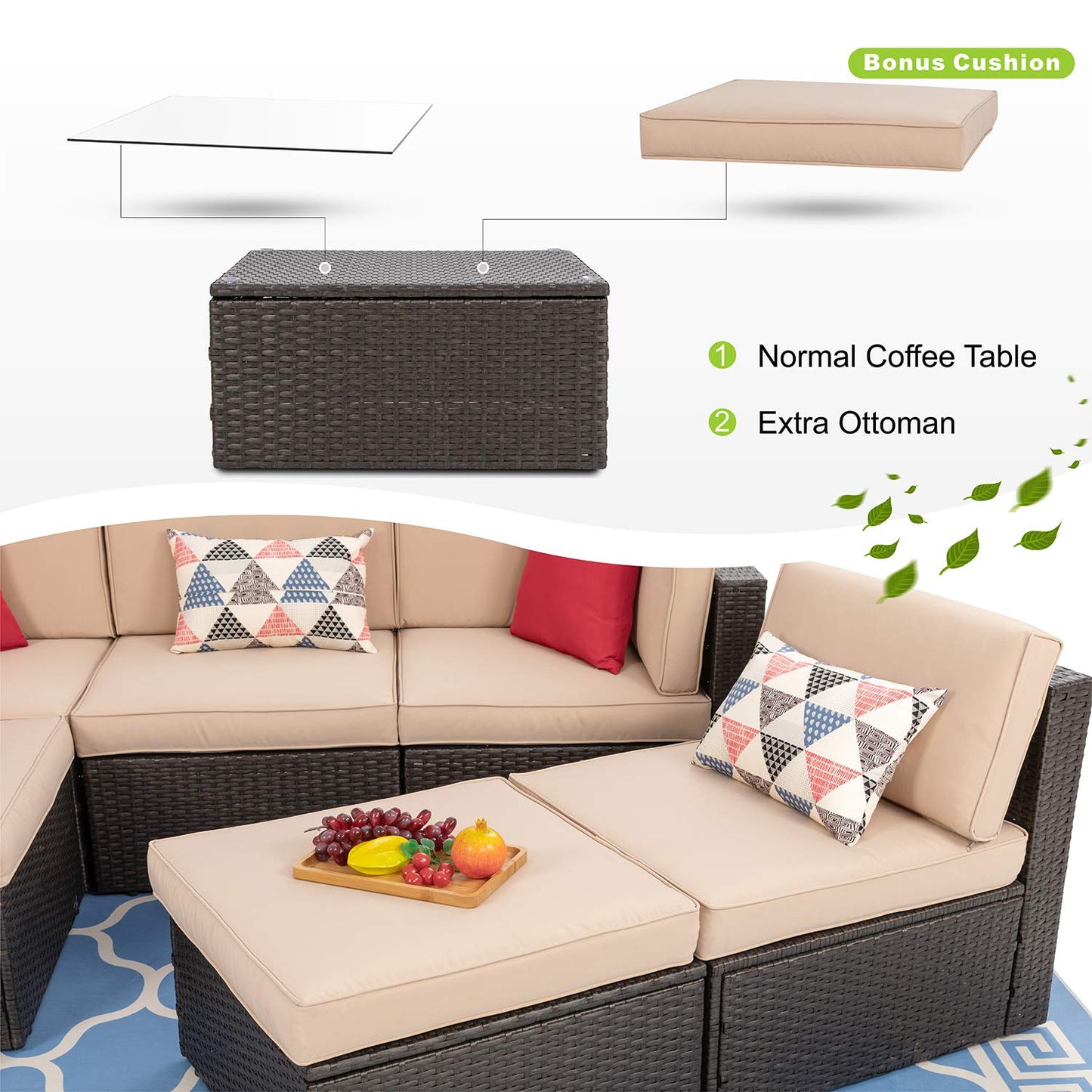 Vongrasig 5 Piece Patio Furniture Sets, Outdoor Patio Set Sectional Sofa, All-Weather PE Rattan Outdoor Couch with Ottoman, Glass Table for Garden, Backyard, Porch, Beige