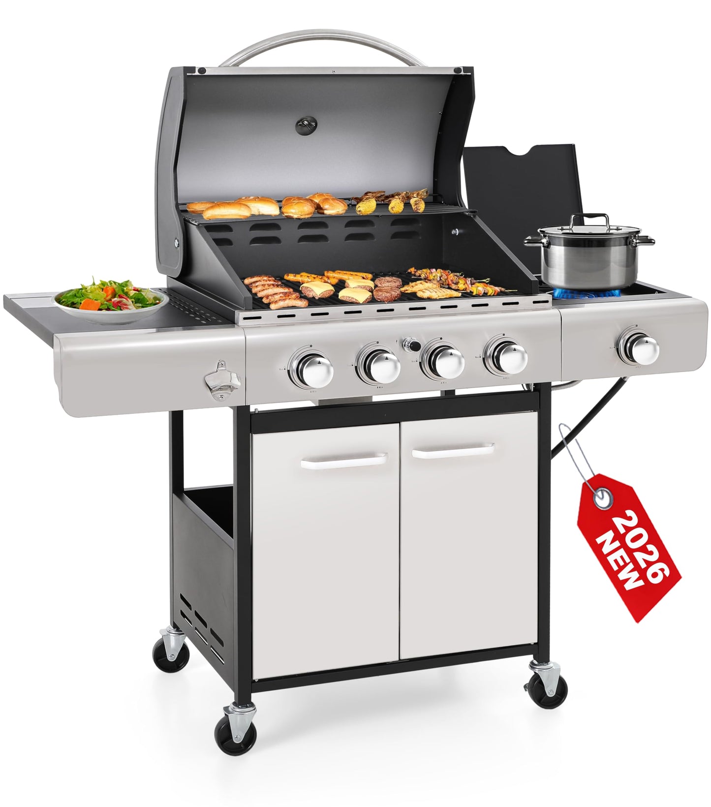 6 Burner Propane Gas BBQ Grill with Side Burner & Porcelain-Enameled Cast Iron Grate, 65,800 BTUs Barbecue Grill 665 Sq. In. Grilling Area, Outdoor Propane Grill for Camping Patio Backyard Cooking