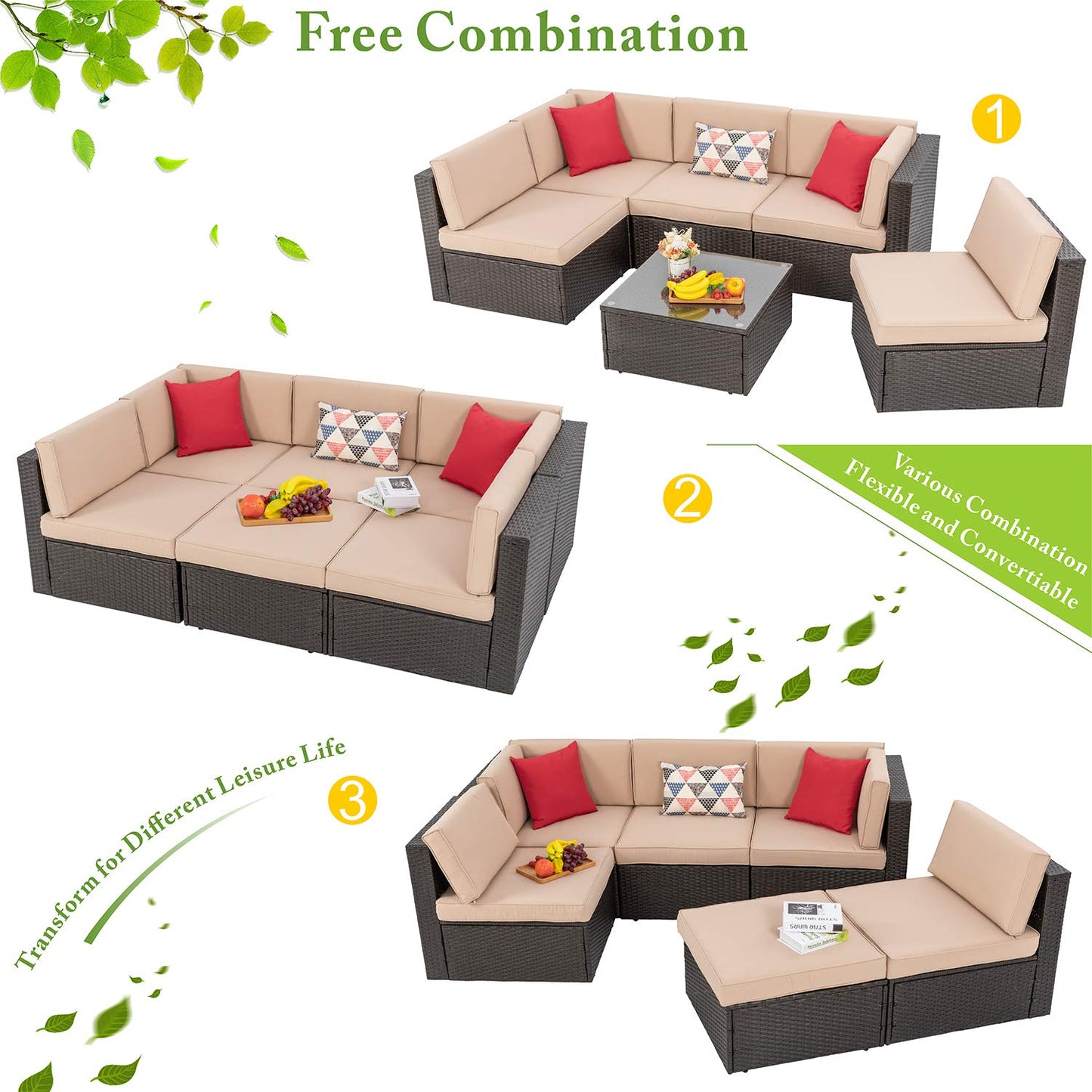 Vongrasig 5 Piece Patio Furniture Sets, Outdoor Patio Set Sectional Sofa, All-Weather PE Rattan Outdoor Couch with Ottoman, Glass Table for Garden, Backyard, Porch, Beige