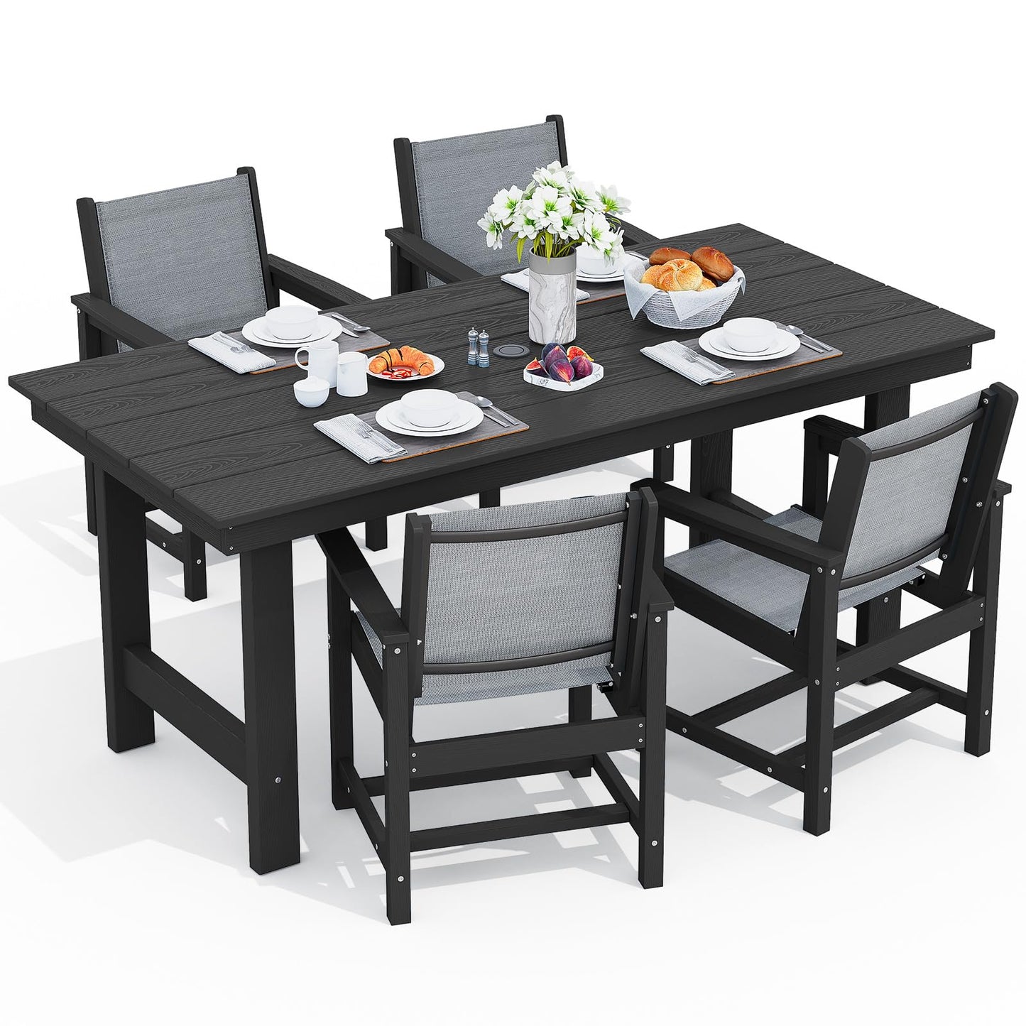 SERWALL Outdoor HDPE Dining Table Set, 7-Piece Outdoor Dining Table Sets with Umbrella Hole Cut-Out Table and 6 Chairs, Gray