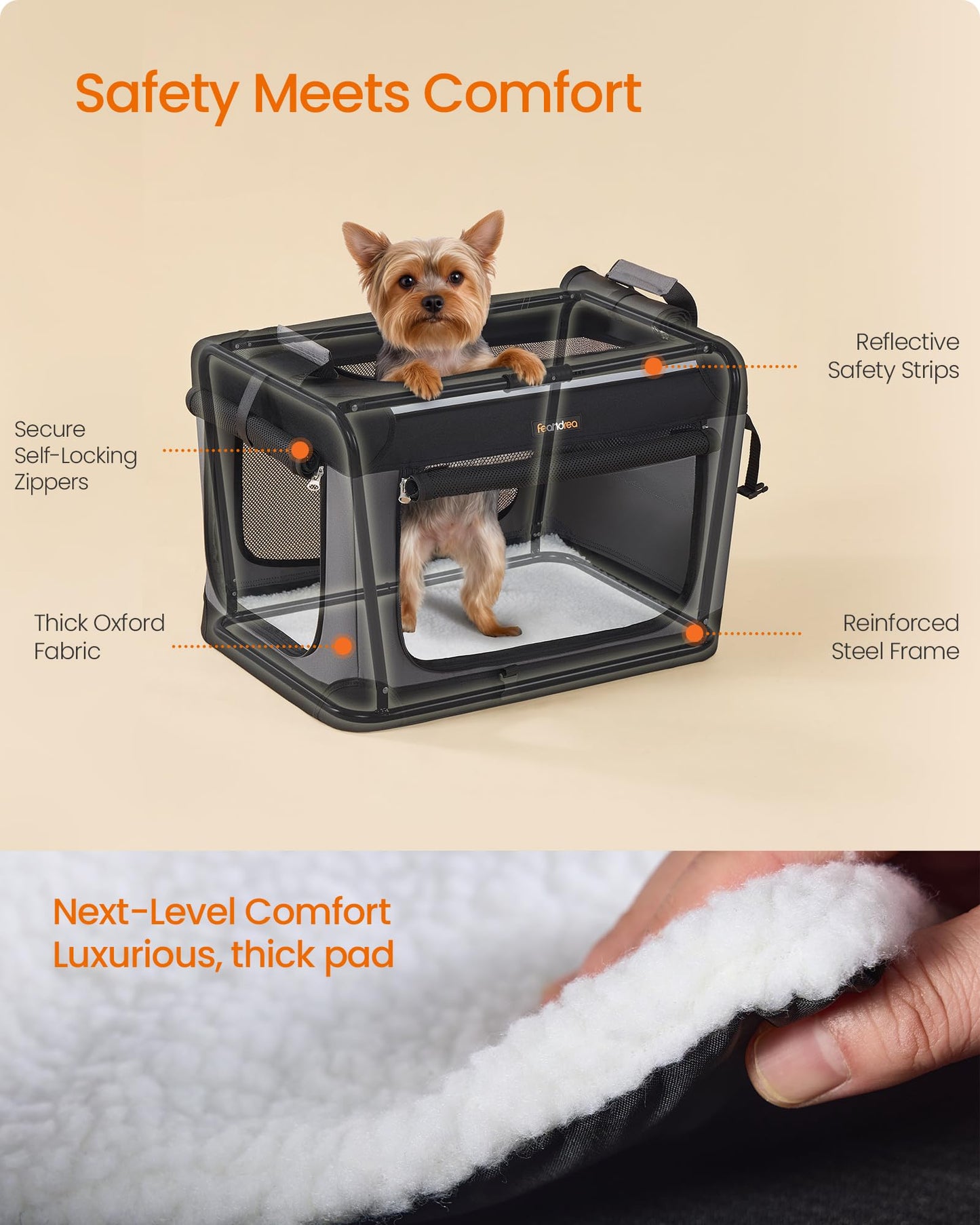 Feandrea Collapsible Dog Crate, 42-Inch Portable Dog Travel Crate for Large Dogs, Oxford Fabric Pet Carrier with 4 Mesh Doors, Handles, Storage Pocket, Water Bottle Holder, Ink Black UPDC021B01