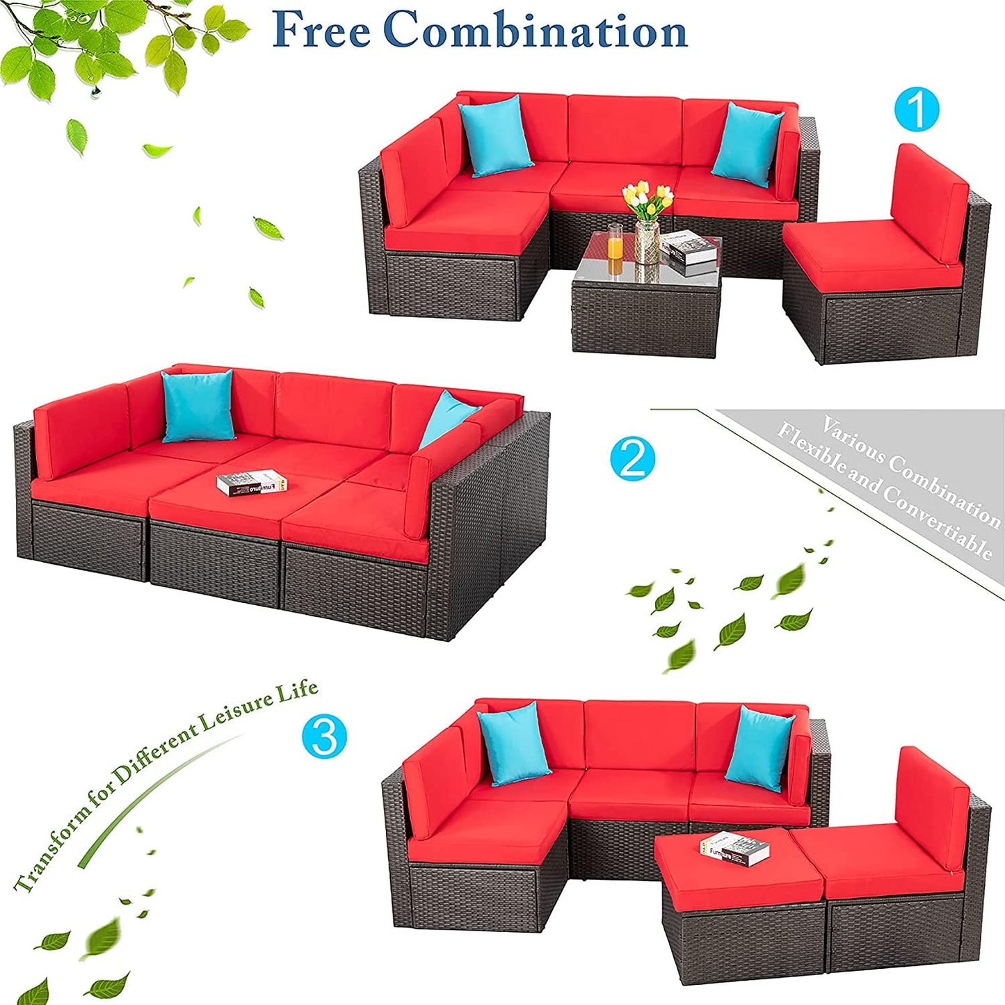 Vongrasig 5 Piece Patio Furniture Sets, Outdoor Patio Set Sectional Sofa, All-Weather PE Rattan Outdoor Couch with Ottoman, Glass Table for Garden, Backyard, Porch, Beige