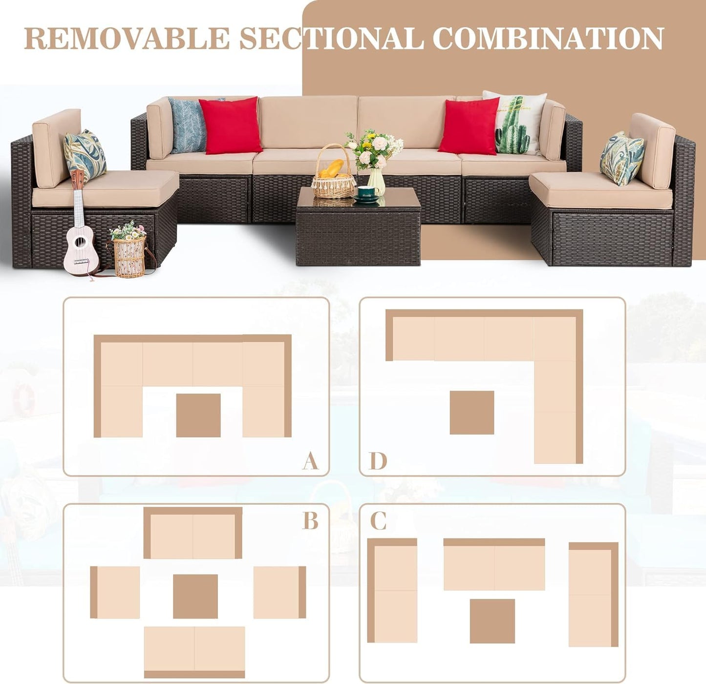 Vongrasig 5 Piece Patio Furniture Sets, Outdoor Patio Set Sectional Sofa, All-Weather PE Rattan Outdoor Couch with Ottoman, Glass Table for Garden, Backyard, Porch, Beige