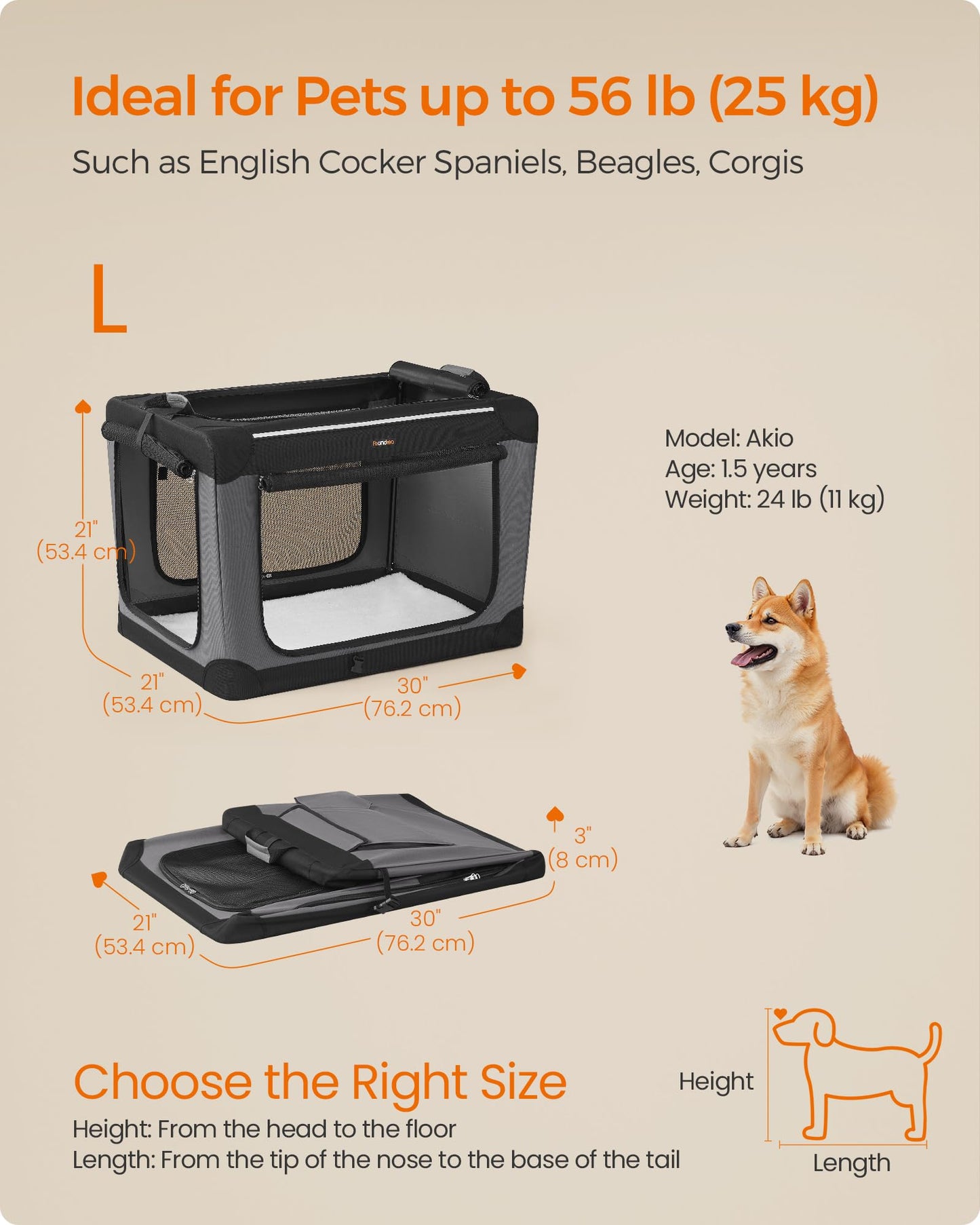 Feandrea Collapsible Dog Crate, 42-Inch Portable Dog Travel Crate for Large Dogs, Oxford Fabric Pet Carrier with 4 Mesh Doors, Handles, Storage Pocket, Water Bottle Holder, Ink Black UPDC021B01
