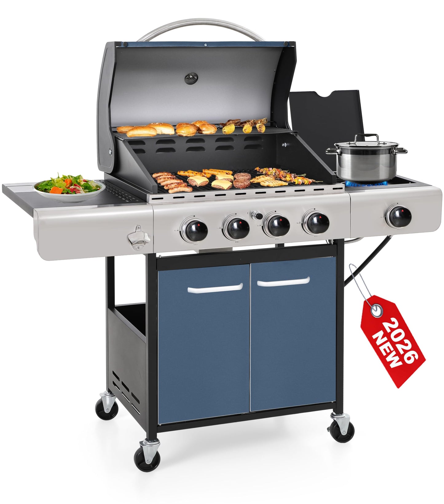 6 Burner Propane Gas BBQ Grill with Side Burner & Porcelain-Enameled Cast Iron Grate, 65,800 BTUs Barbecue Grill 665 Sq. In. Grilling Area, Outdoor Propane Grill for Camping Patio Backyard Cooking