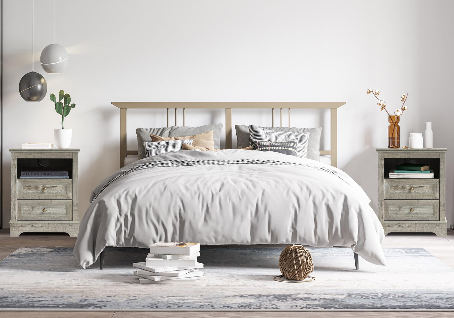 Farmhouse Bedroom Sets of 4, 4Pcs Farmhouse Dresser Set，Including 9 Drawer Dresser, 5 Drawer Dressers and Nightstand Set of 2 with Charging Station (Grey Sets, 4 Pieces)