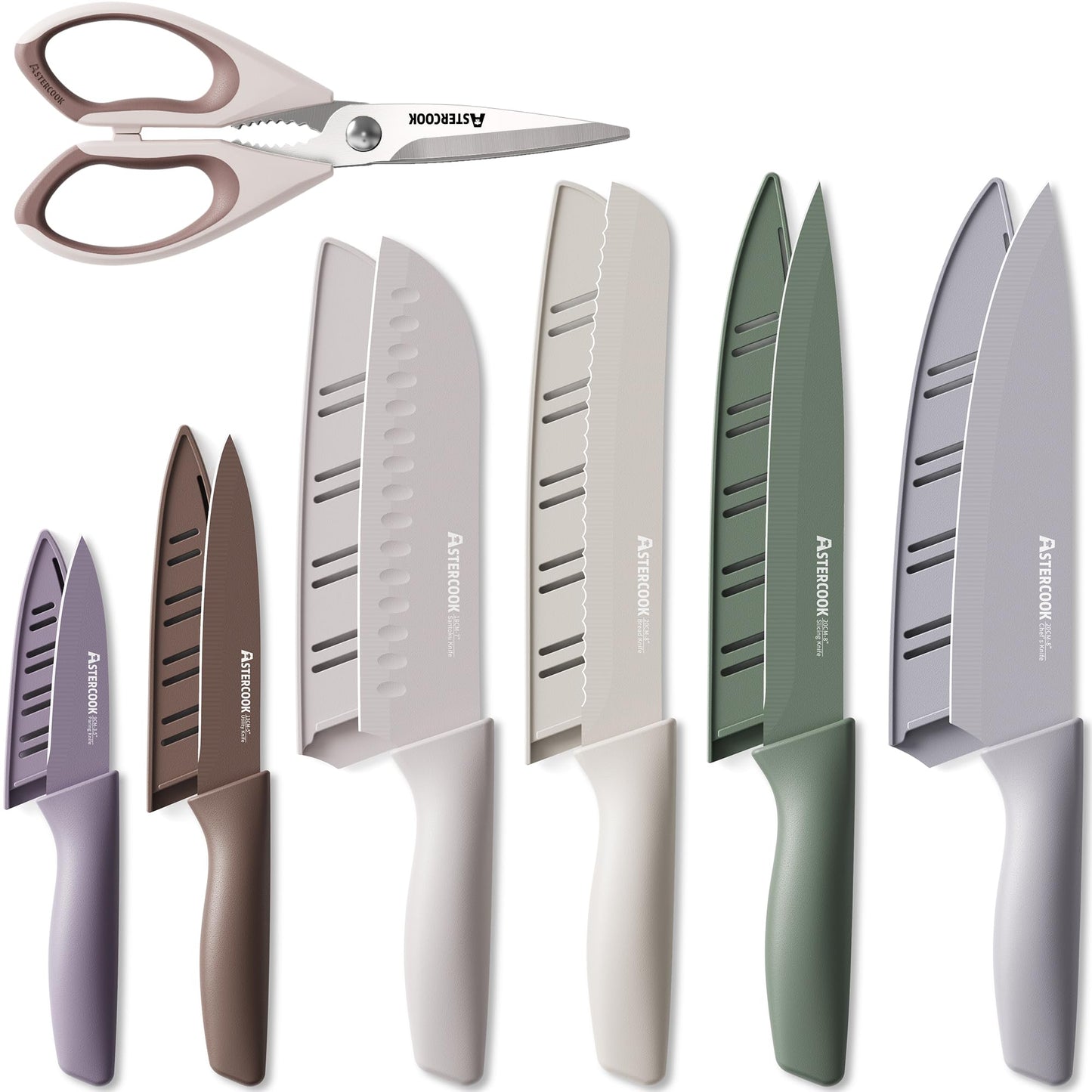 Astercook Knife Set, 13 Pieces Kitchen Knives Set with Healthy Anti-Rust Coating, Dishwasher Safe, Stainless Steel Chef Knife Sets with 6 Blade Guards, Perfect Holiday Gifts for Kitchen