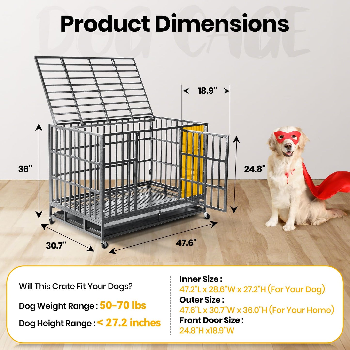 Oranland 48 inch Heavy Duty Indestructible Dog Crate,2025 New Upgraded Reinforced Baseplate for Large Dogs,XL Dog Crate for High Anxiety Dogs/Max Load Capacity 250lbs/Double Door with Wheels