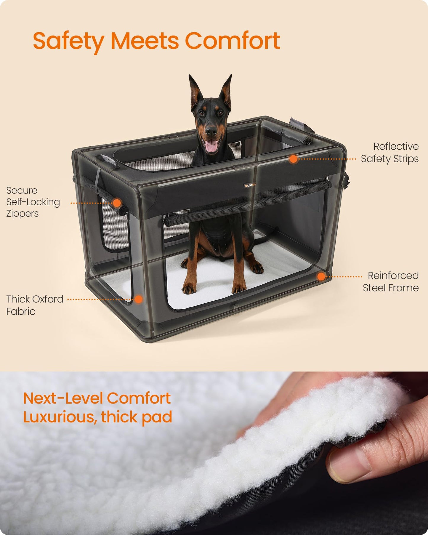 Feandrea Collapsible Dog Crate, 42-Inch Portable Dog Travel Crate for Large Dogs, Oxford Fabric Pet Carrier with 4 Mesh Doors, Handles, Storage Pocket, Water Bottle Holder, Ink Black UPDC021B01