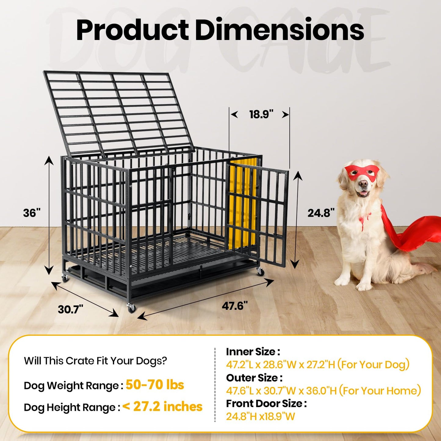 Oranland 48 inch Heavy Duty Indestructible Dog Crate,2025 New Upgraded Reinforced Baseplate for Large Dogs,XL Dog Crate for High Anxiety Dogs/Max Load Capacity 250lbs/Double Door with Wheels