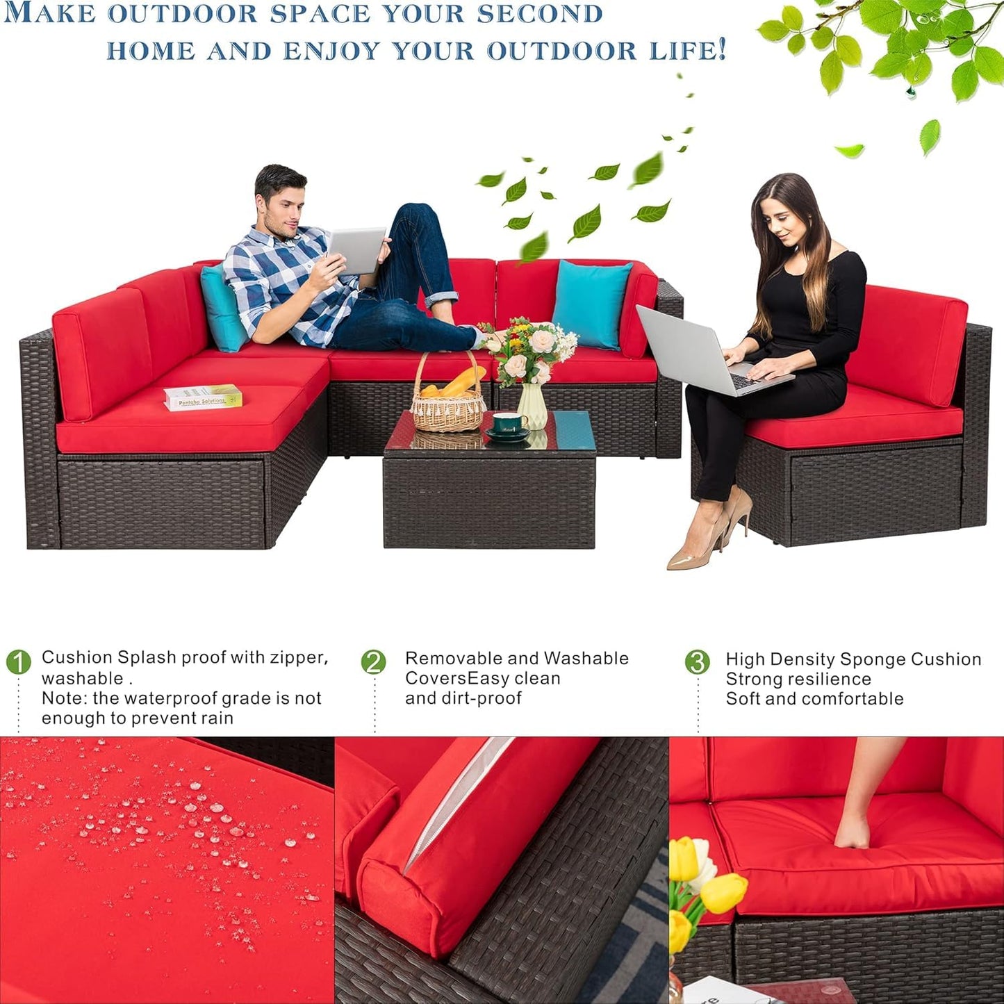Vongrasig 5 Piece Patio Furniture Sets, Outdoor Patio Set Sectional Sofa, All-Weather PE Rattan Outdoor Couch with Ottoman, Glass Table for Garden, Backyard, Porch, Beige