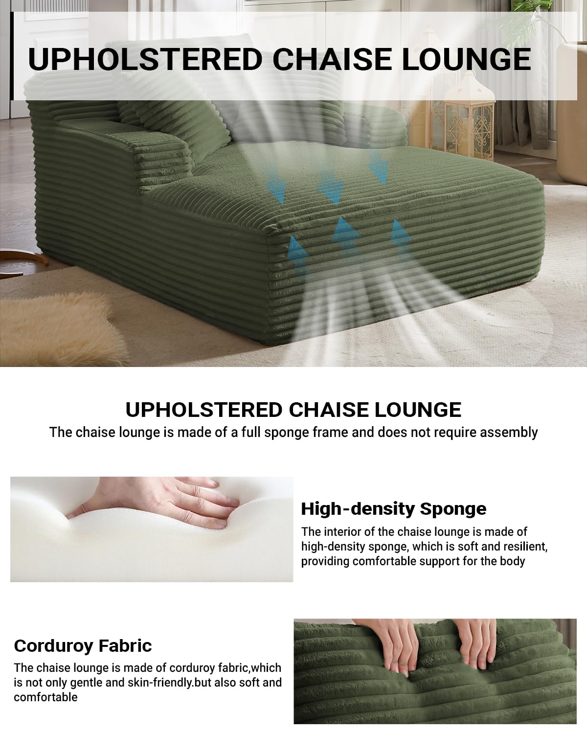 50 Inch Chaise Lounge Chair Indoor, Oversized Corduroy Upholstered Boneless Sofa Bed, Deep Seat Sleeper Couch Reading Chairs, Cloud Sofas Couches for Living Room, No Assembly Required (Dark Grey)