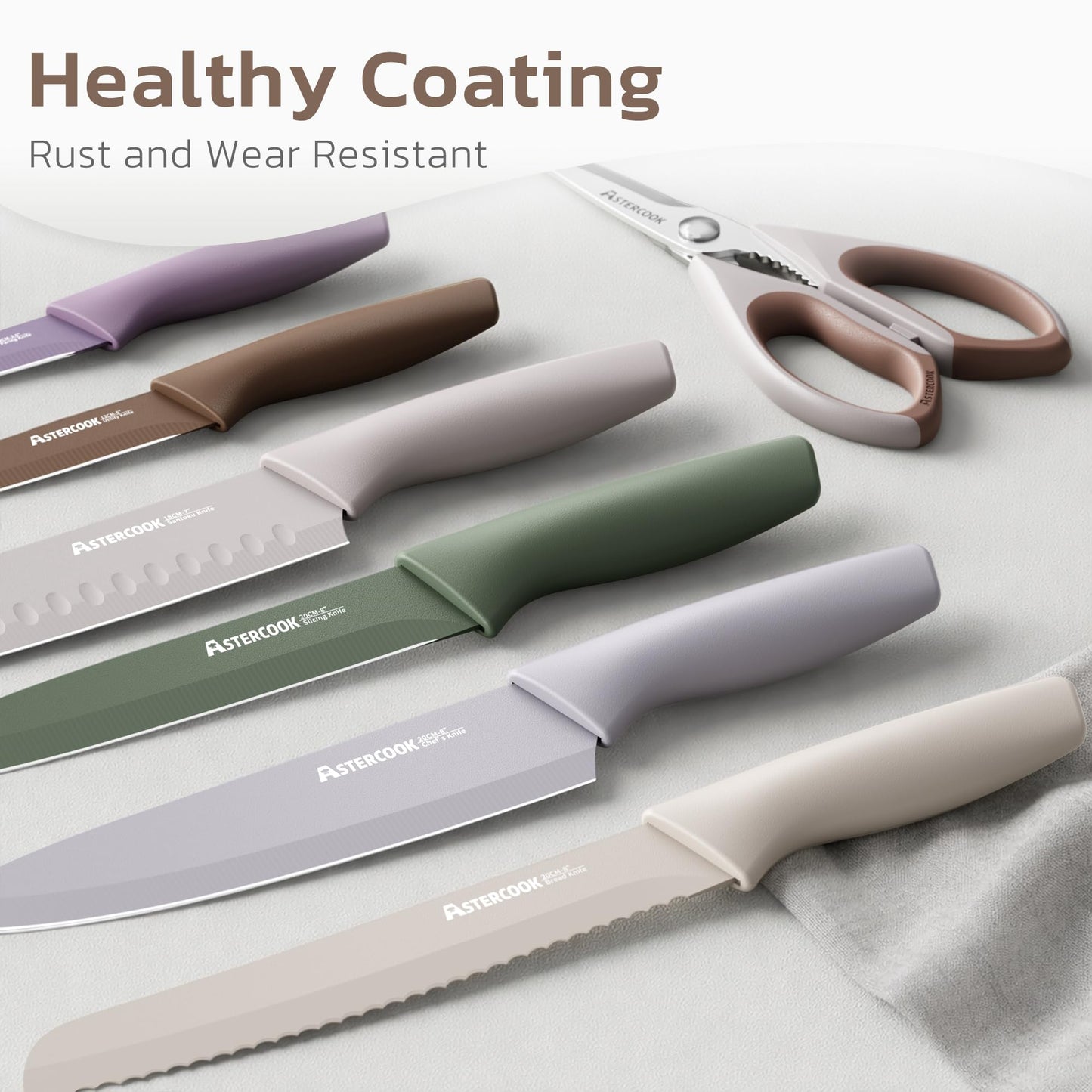 Astercook Knife Set, 13 Pieces Kitchen Knives Set with Healthy Anti-Rust Coating, Dishwasher Safe, Stainless Steel Chef Knife Sets with 6 Blade Guards, Perfect Holiday Gifts for Kitchen