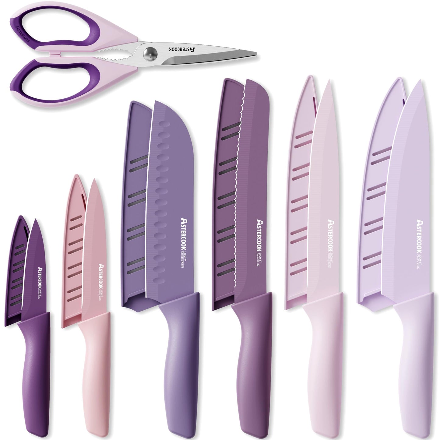 Astercook Knife Set, 13 Pieces Kitchen Knives Set with Healthy Anti-Rust Coating, Dishwasher Safe, Stainless Steel Chef Knife Sets with 6 Blade Guards, Perfect Holiday Gifts for Kitchen
