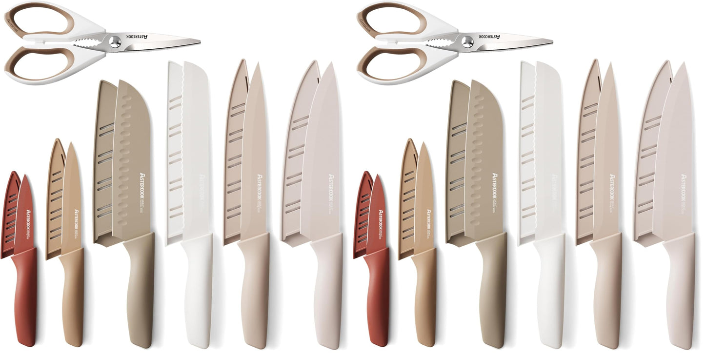 Astercook Knife Set, 13 Pieces Kitchen Knives Set with Healthy Anti-Rust Coating, Dishwasher Safe, Stainless Steel Chef Knife Sets with 6 Blade Guards, Perfect Holiday Gifts for Kitchen