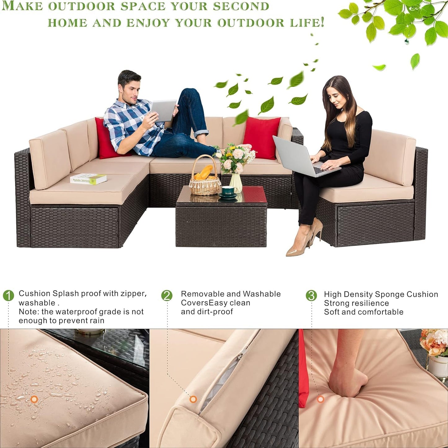 Vongrasig 5 Piece Patio Furniture Sets, Outdoor Patio Set Sectional Sofa, All-Weather PE Rattan Outdoor Couch with Ottoman, Glass Table for Garden, Backyard, Porch, Beige