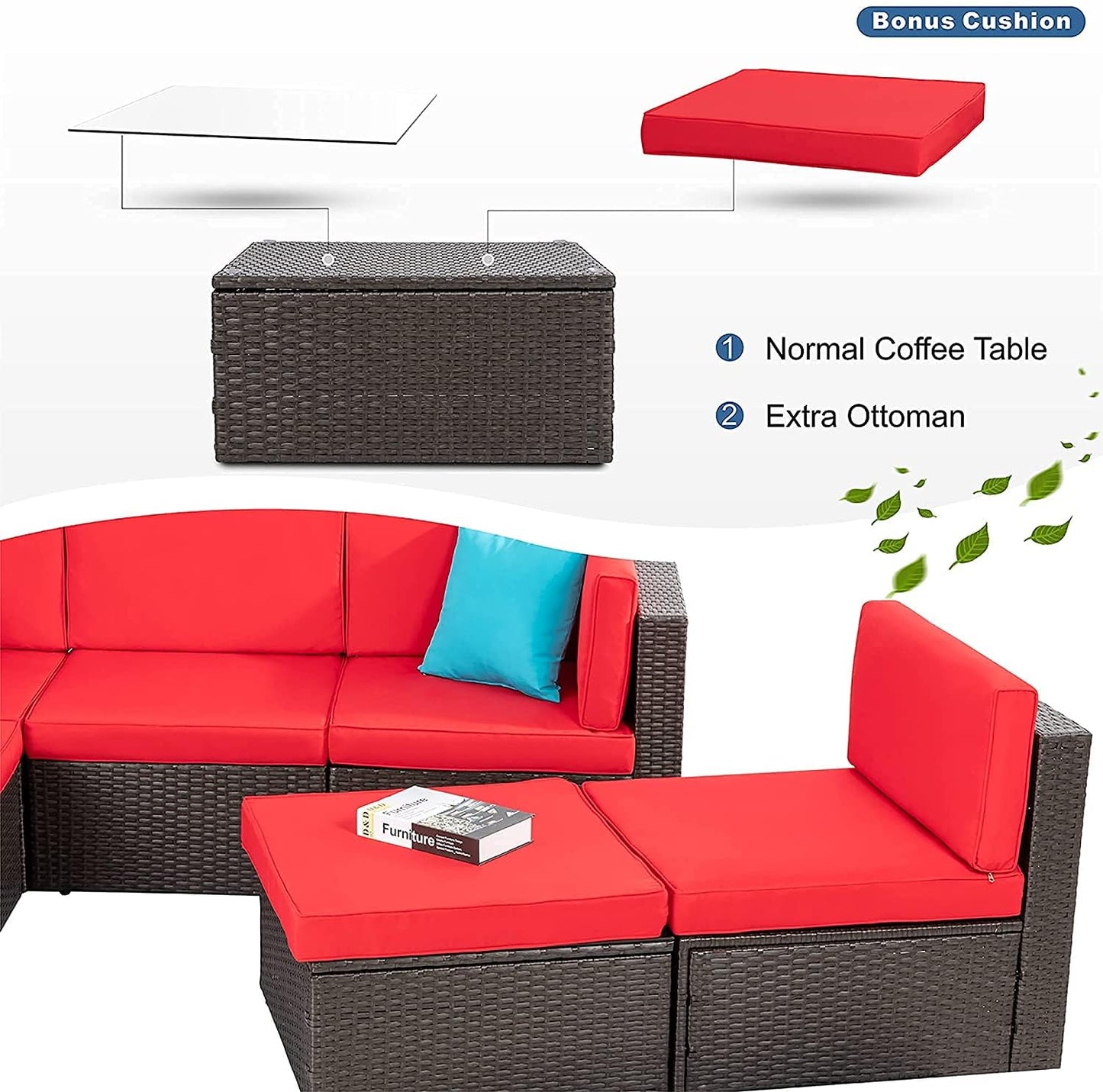 Vongrasig 5 Piece Patio Furniture Sets, Outdoor Patio Set Sectional Sofa, All-Weather PE Rattan Outdoor Couch with Ottoman, Glass Table for Garden, Backyard, Porch, Beige