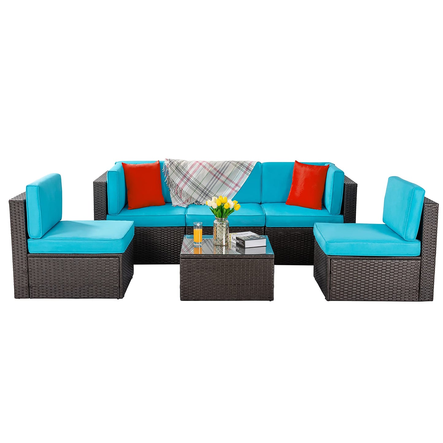 Vongrasig 5 Piece Patio Furniture Sets, Outdoor Patio Set Sectional Sofa, All-Weather PE Rattan Outdoor Couch with Ottoman, Glass Table for Garden, Backyard, Porch, Beige