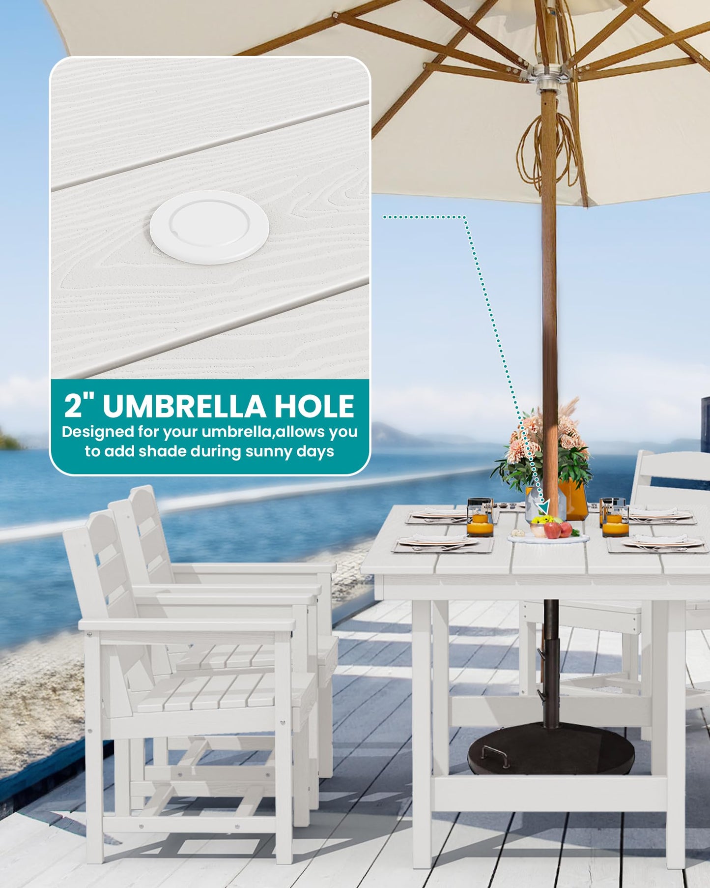 SERWALL Outdoor HDPE Dining Table Set, 7-Piece Outdoor Dining Table Sets with Umbrella Hole Cut-Out Table and 6 Chairs, Gray