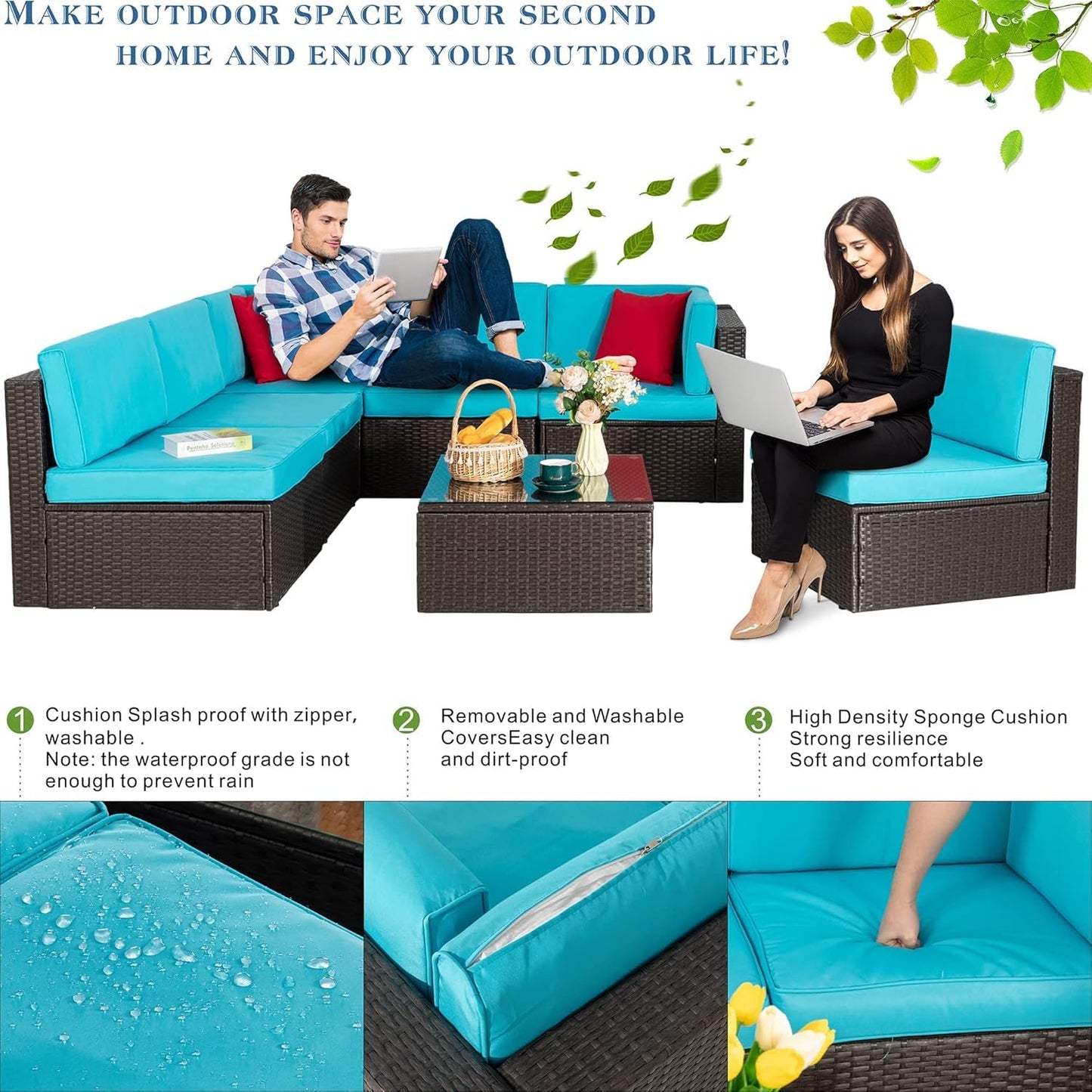 Vongrasig 5 Piece Patio Furniture Sets, Outdoor Patio Set Sectional Sofa, All-Weather PE Rattan Outdoor Couch with Ottoman, Glass Table for Garden, Backyard, Porch, Beige