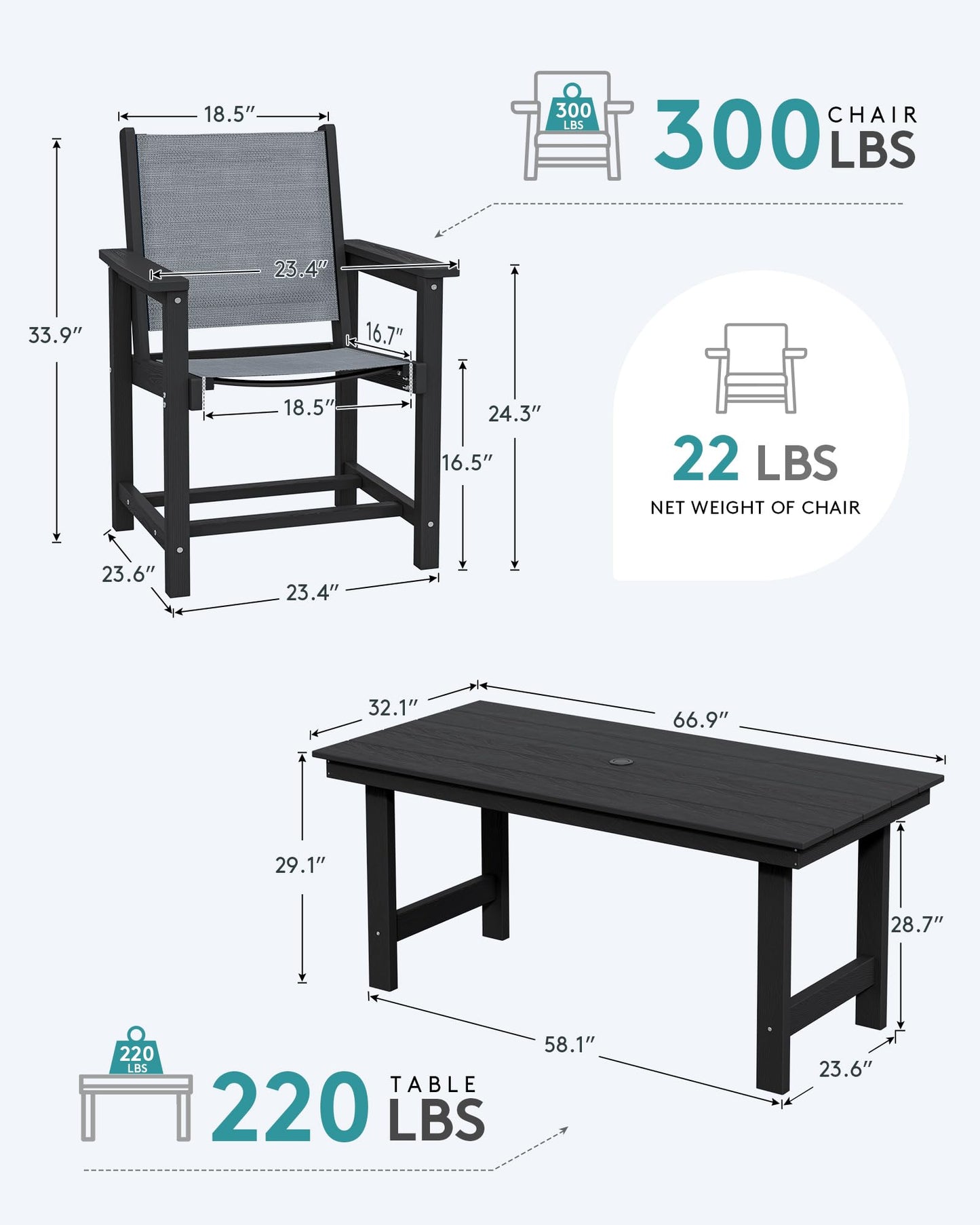SERWALL Outdoor HDPE Dining Table Set, 7-Piece Outdoor Dining Table Sets with Umbrella Hole Cut-Out Table and 6 Chairs, Gray