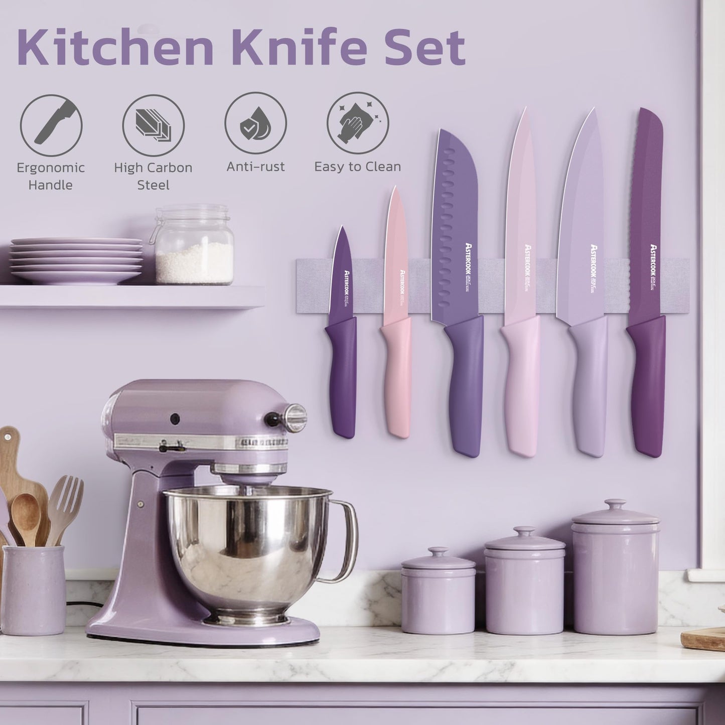 Astercook Knife Set, 13 Pieces Kitchen Knives Set with Healthy Anti-Rust Coating, Dishwasher Safe, Stainless Steel Chef Knife Sets with 6 Blade Guards, Perfect Holiday Gifts for Kitchen