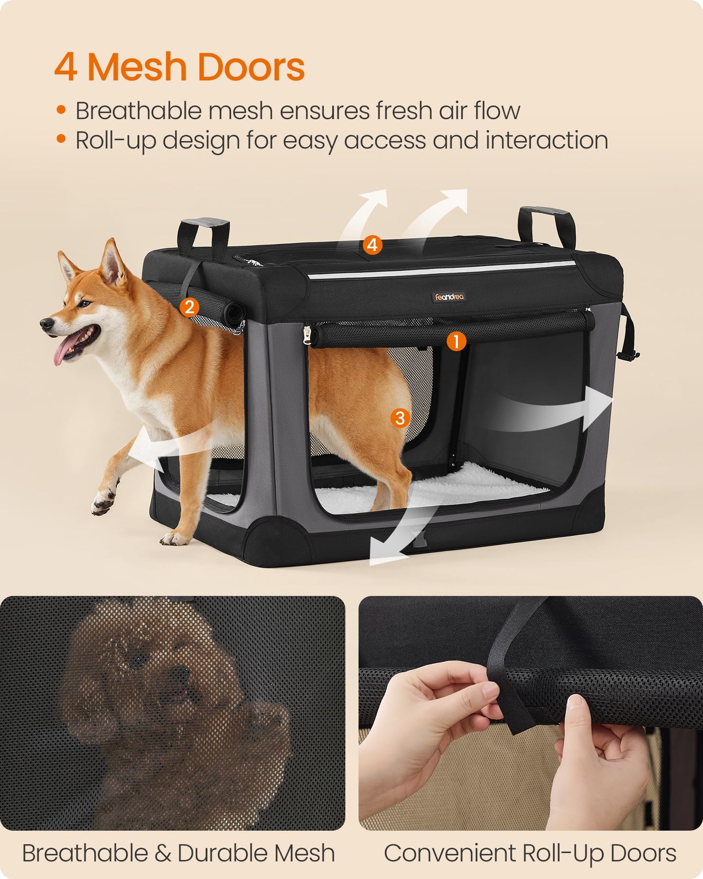 Feandrea Collapsible Dog Crate, 42-Inch Portable Dog Travel Crate for Large Dogs, Oxford Fabric Pet Carrier with 4 Mesh Doors, Handles, Storage Pocket, Water Bottle Holder, Ink Black UPDC021B01