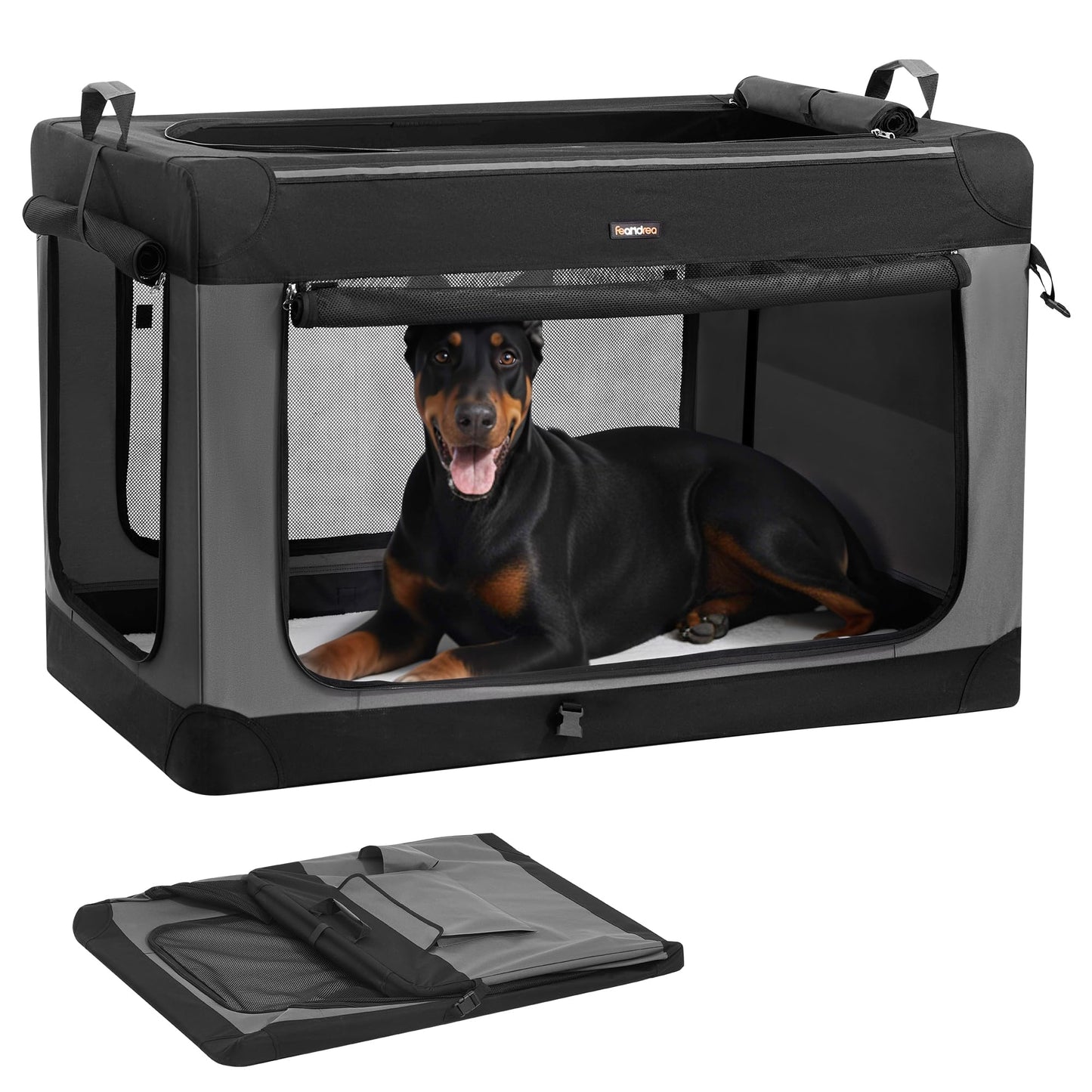 Feandrea Collapsible Dog Crate, 42-Inch Portable Dog Travel Crate for Large Dogs, Oxford Fabric Pet Carrier with 4 Mesh Doors, Handles, Storage Pocket, Water Bottle Holder, Ink Black UPDC021B01
