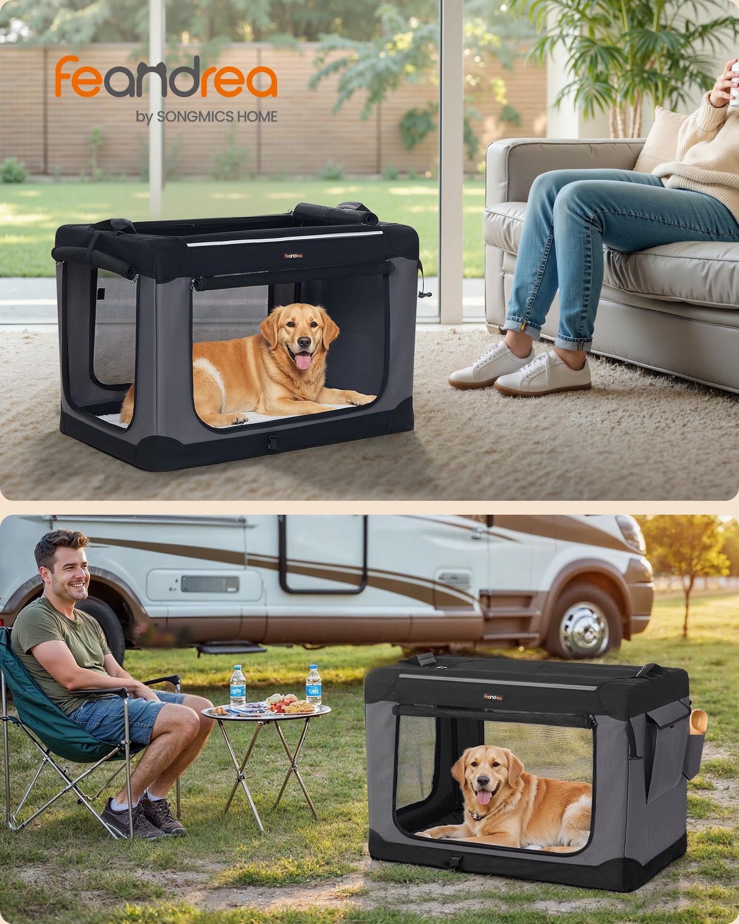 Feandrea Collapsible Dog Crate, 42-Inch Portable Dog Travel Crate for Large Dogs, Oxford Fabric Pet Carrier with 4 Mesh Doors, Handles, Storage Pocket, Water Bottle Holder, Ink Black UPDC021B01