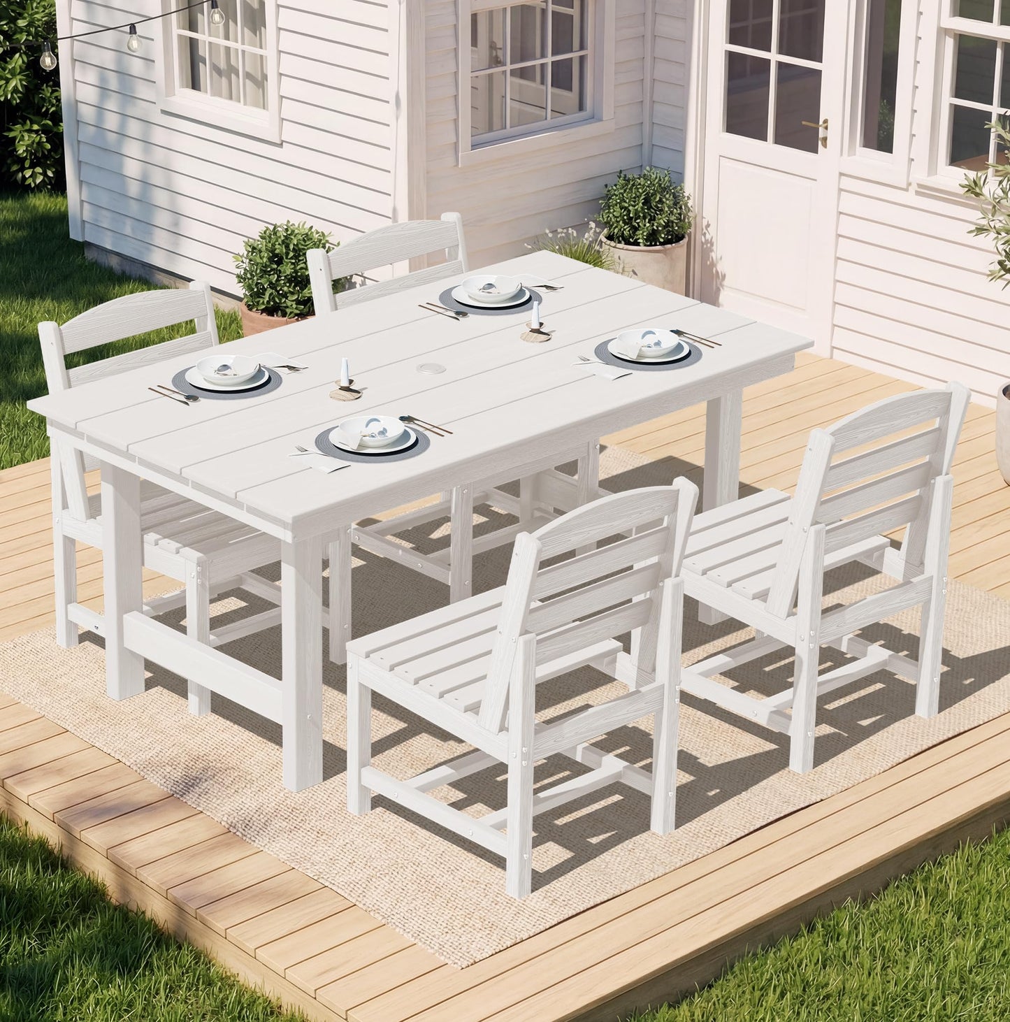 SERWALL Outdoor HDPE Dining Table Set, 7-Piece Outdoor Dining Table Sets with Umbrella Hole Cut-Out Table and 6 Chairs, Gray