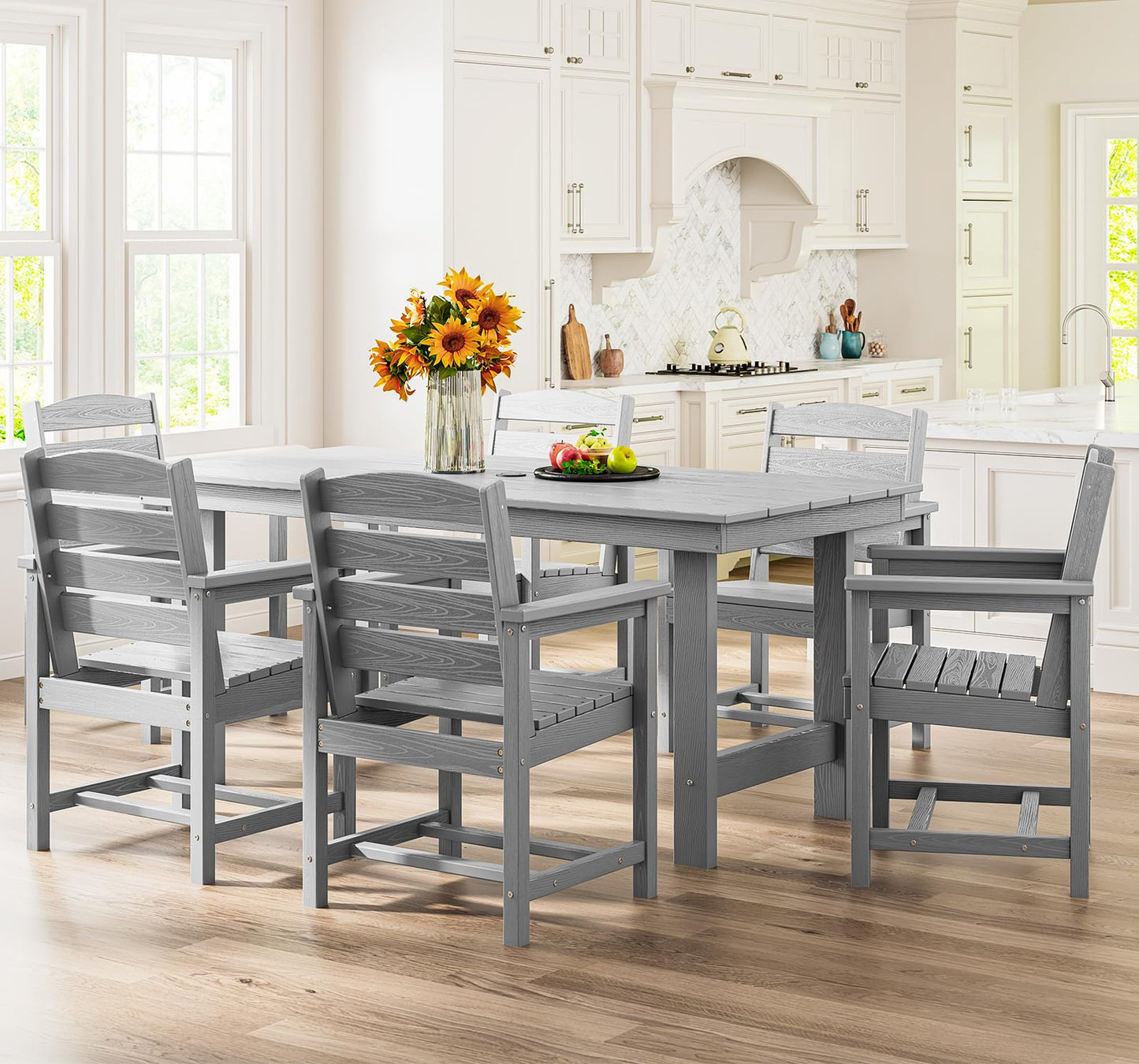 SERWALL Outdoor HDPE Dining Table Set, 7-Piece Outdoor Dining Table Sets with Umbrella Hole Cut-Out Table and 6 Chairs, Gray