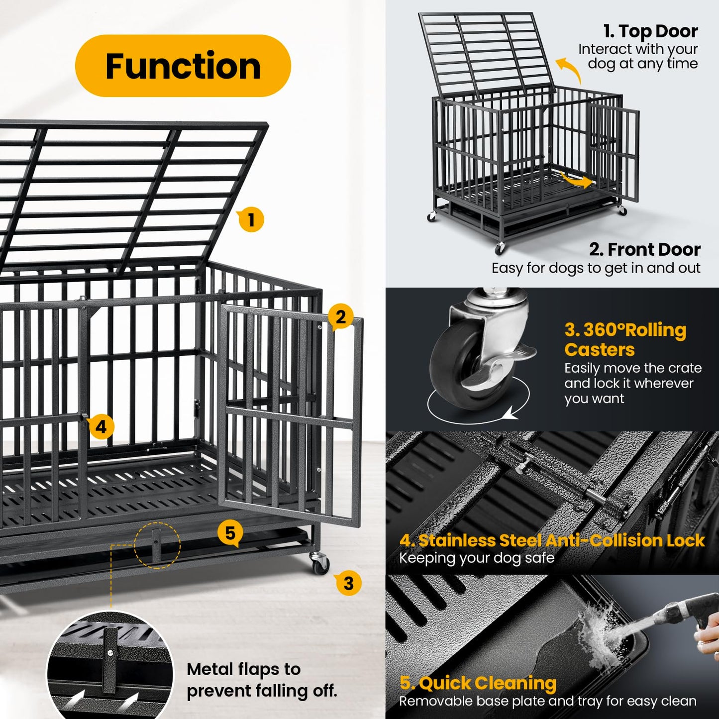 Oranland 48 inch Heavy Duty Indestructible Dog Crate,2025 New Upgraded Reinforced Baseplate for Large Dogs,XL Dog Crate for High Anxiety Dogs/Max Load Capacity 250lbs/Double Door with Wheels