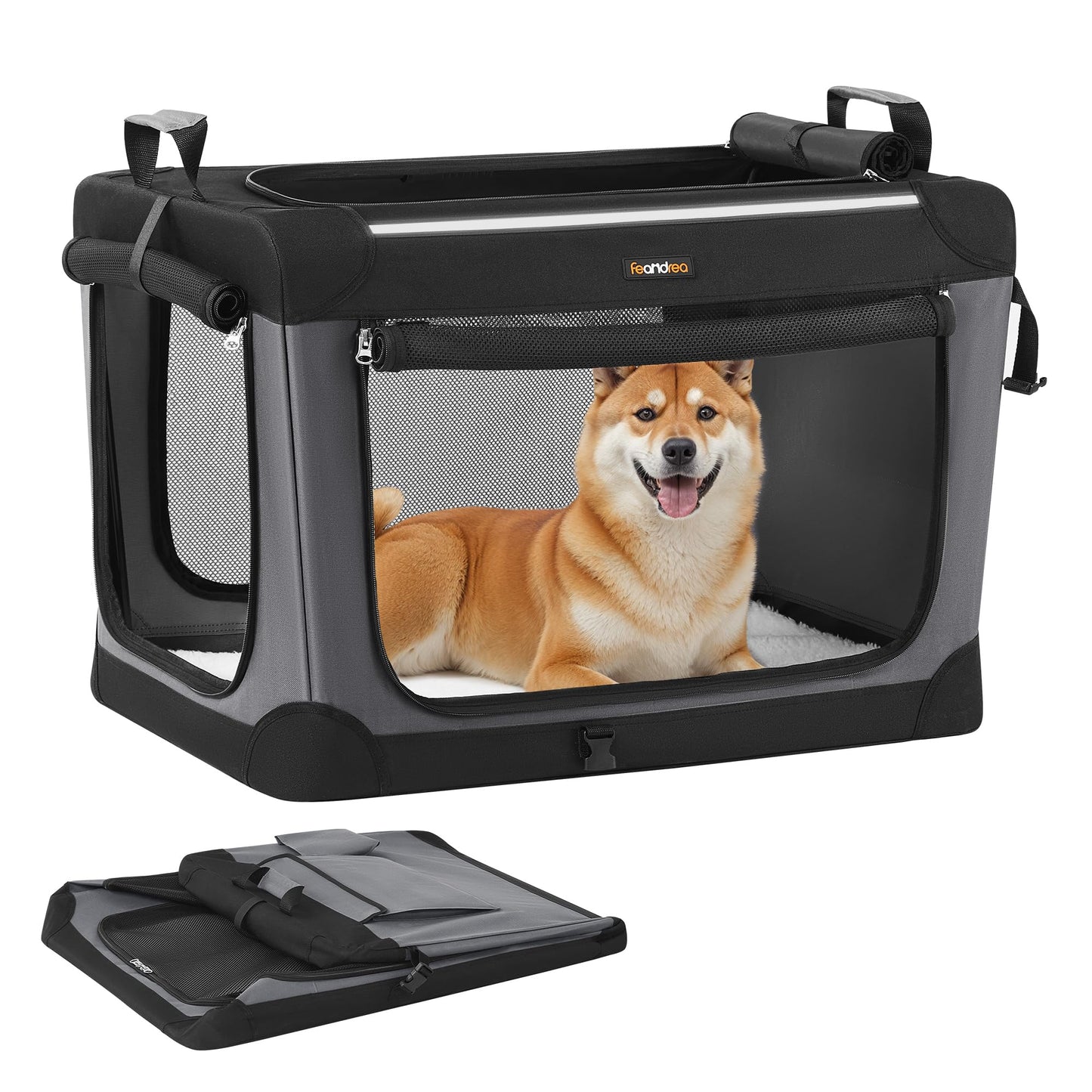 Feandrea Collapsible Dog Crate, 42-Inch Portable Dog Travel Crate for Large Dogs, Oxford Fabric Pet Carrier with 4 Mesh Doors, Handles, Storage Pocket, Water Bottle Holder, Ink Black UPDC021B01