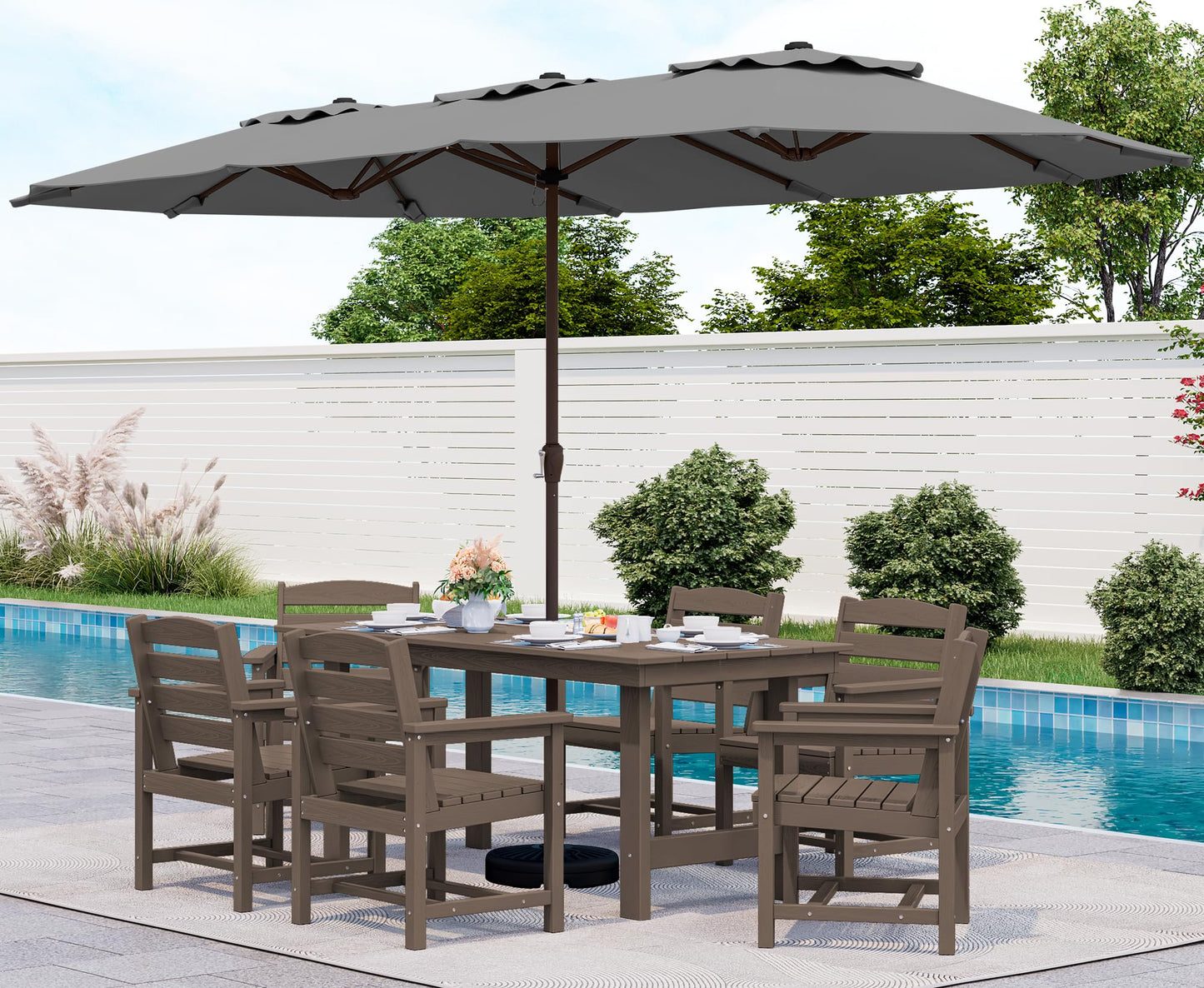 SERWALL Outdoor HDPE Dining Table Set, 7-Piece Outdoor Dining Table Sets with Umbrella Hole Cut-Out Table and 6 Chairs, Gray