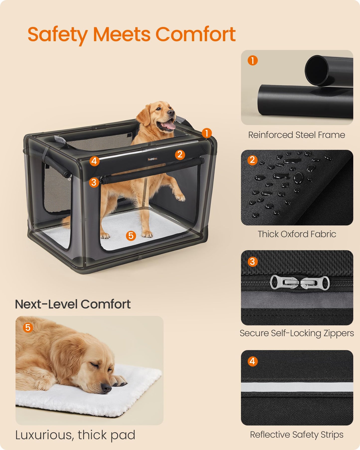 Feandrea Collapsible Dog Crate, 42-Inch Portable Dog Travel Crate for Large Dogs, Oxford Fabric Pet Carrier with 4 Mesh Doors, Handles, Storage Pocket, Water Bottle Holder, Ink Black UPDC021B01