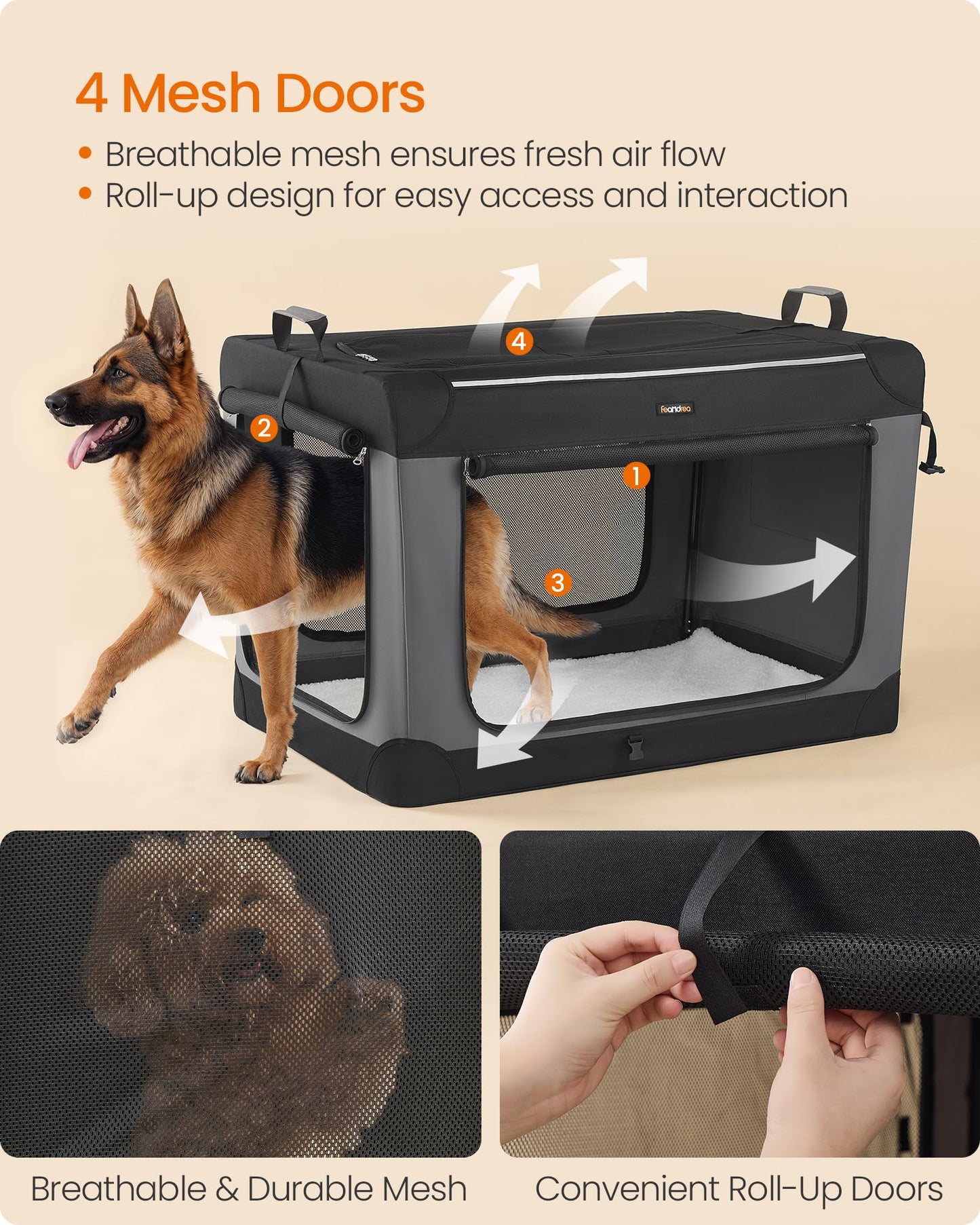 Feandrea Collapsible Dog Crate, 42-Inch Portable Dog Travel Crate for Large Dogs, Oxford Fabric Pet Carrier with 4 Mesh Doors, Handles, Storage Pocket, Water Bottle Holder, Ink Black UPDC021B01