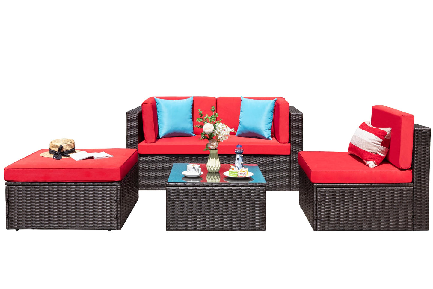 Vongrasig 5 Piece Patio Furniture Sets, Outdoor Patio Set Sectional Sofa, All-Weather PE Rattan Outdoor Couch with Ottoman, Glass Table for Garden, Backyard, Porch, Beige