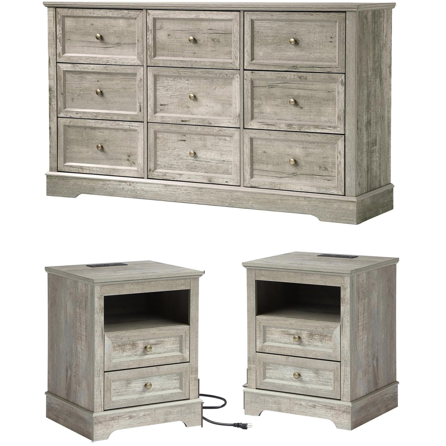 Farmhouse Bedroom Sets of 4, 4Pcs Farmhouse Dresser Set，Including 9 Drawer Dresser, 5 Drawer Dressers and Nightstand Set of 2 with Charging Station (Grey Sets, 4 Pieces)