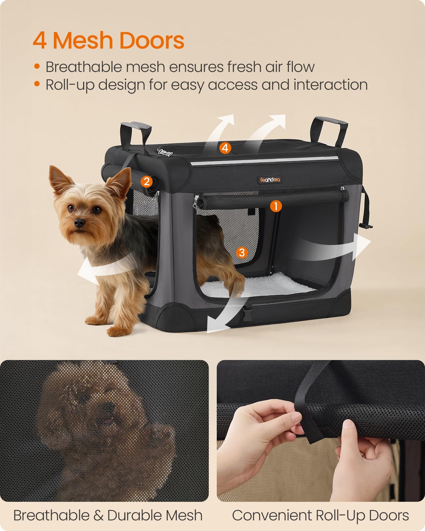 Feandrea Collapsible Dog Crate, 42-Inch Portable Dog Travel Crate for Large Dogs, Oxford Fabric Pet Carrier with 4 Mesh Doors, Handles, Storage Pocket, Water Bottle Holder, Ink Black UPDC021B01