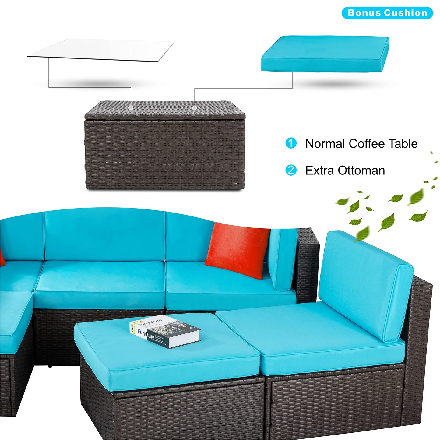 Vongrasig 5 Piece Patio Furniture Sets, Outdoor Patio Set Sectional Sofa, All-Weather PE Rattan Outdoor Couch with Ottoman, Glass Table for Garden, Backyard, Porch, Beige