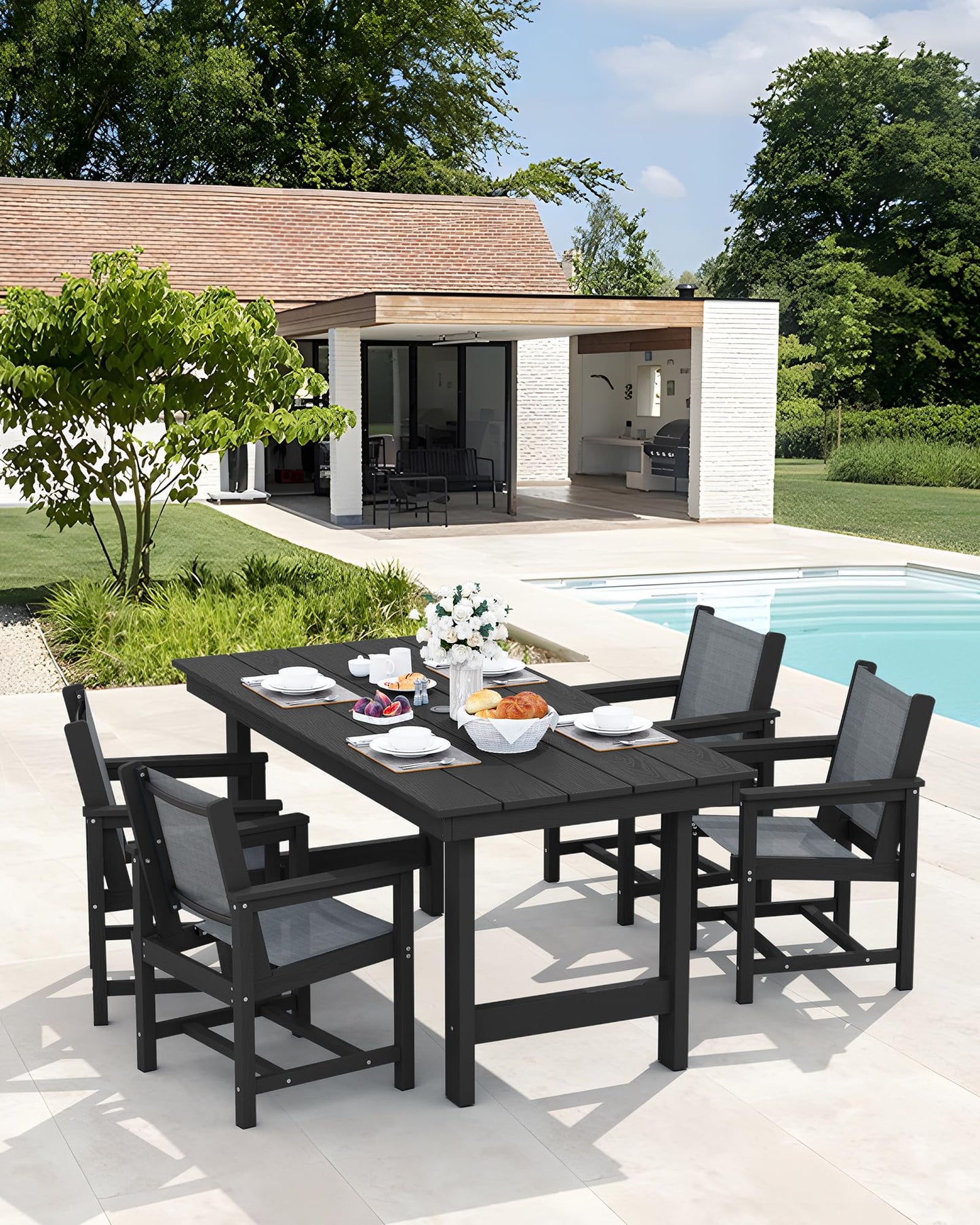 SERWALL Outdoor HDPE Dining Table Set, 7-Piece Outdoor Dining Table Sets with Umbrella Hole Cut-Out Table and 6 Chairs, Gray