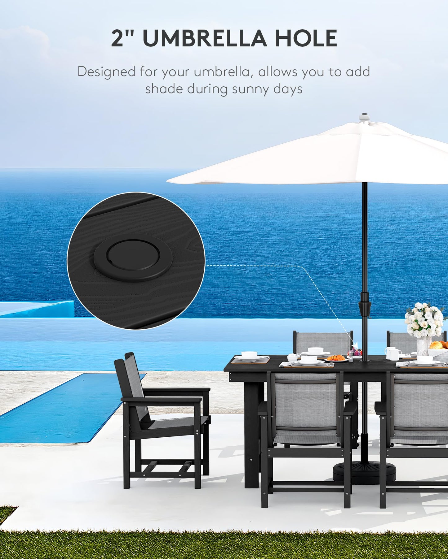 SERWALL Outdoor HDPE Dining Table Set, 7-Piece Outdoor Dining Table Sets with Umbrella Hole Cut-Out Table and 6 Chairs, Gray