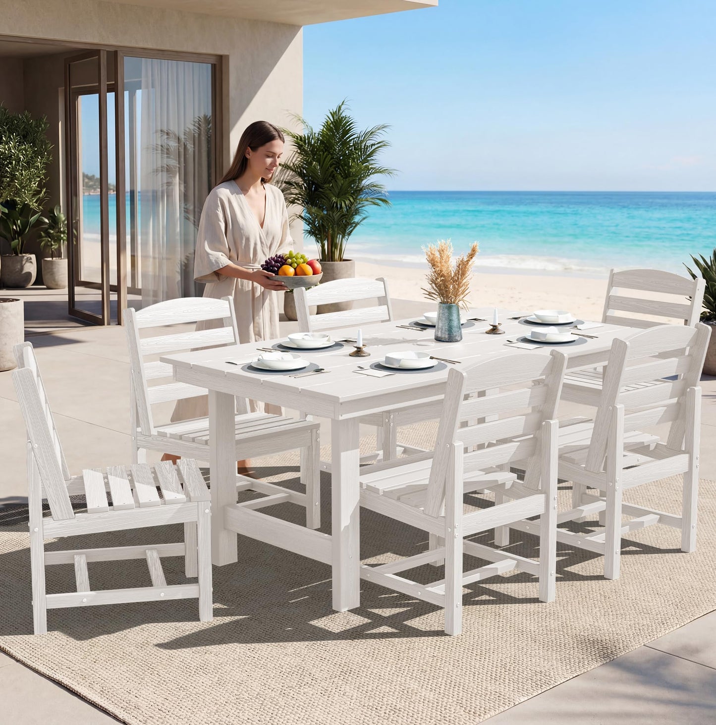 SERWALL Outdoor HDPE Dining Table Set, 7-Piece Outdoor Dining Table Sets with Umbrella Hole Cut-Out Table and 6 Chairs, Gray