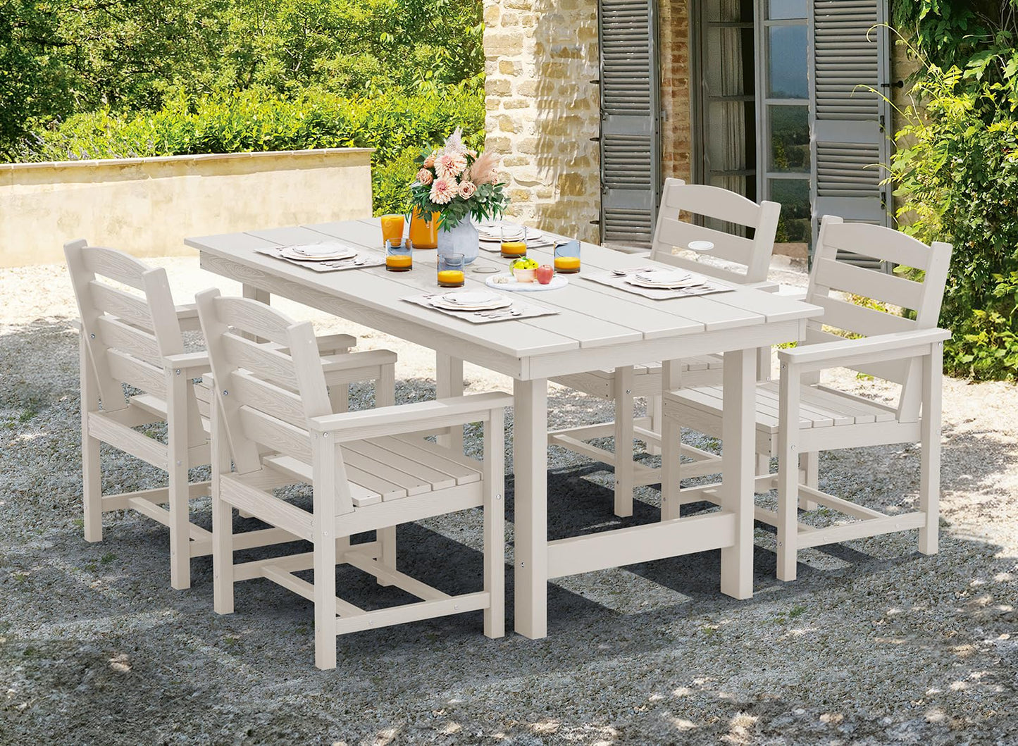 SERWALL Outdoor HDPE Dining Table Set, 7-Piece Outdoor Dining Table Sets with Umbrella Hole Cut-Out Table and 6 Chairs, Gray