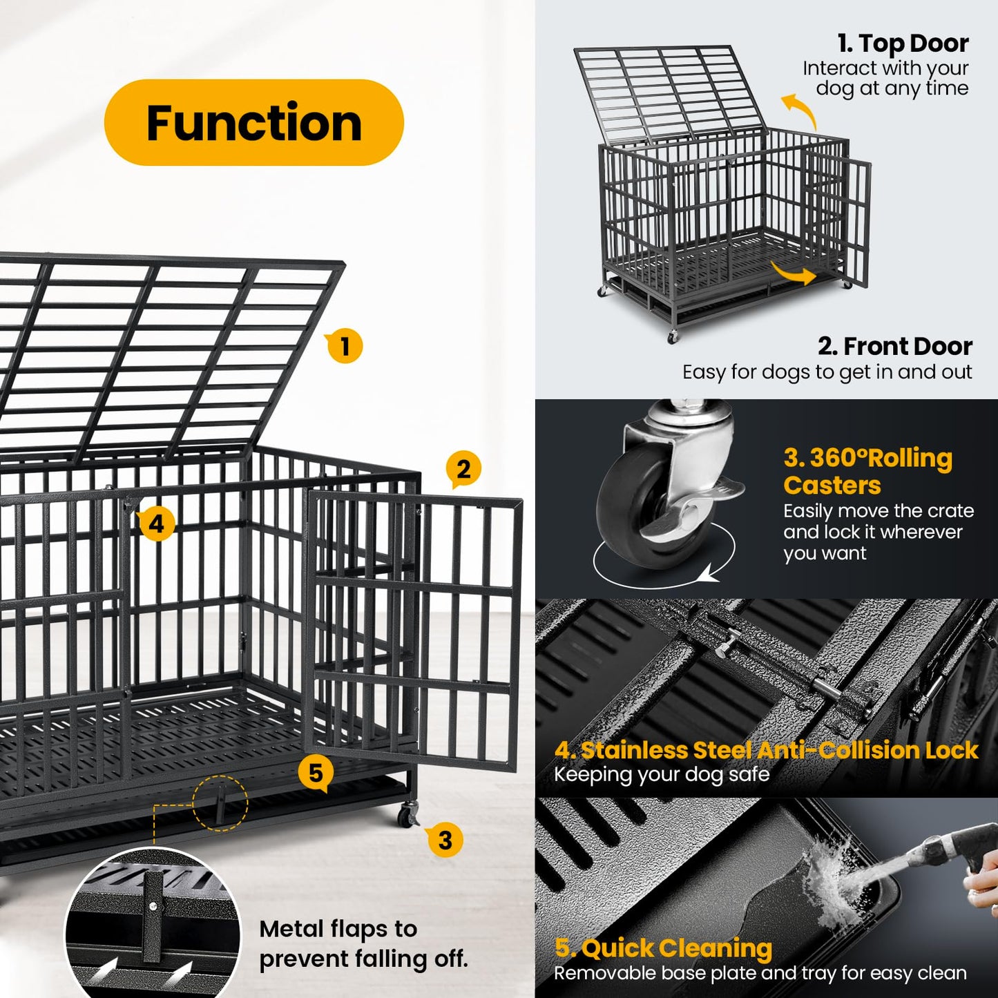 Oranland 48 inch Heavy Duty Indestructible Dog Crate,2025 New Upgraded Reinforced Baseplate for Large Dogs,XL Dog Crate for High Anxiety Dogs/Max Load Capacity 250lbs/Double Door with Wheels