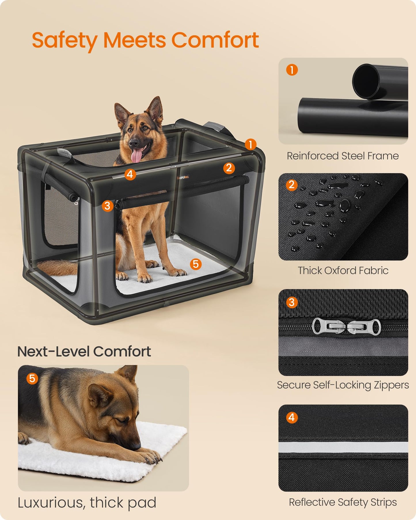 Feandrea Collapsible Dog Crate, 42-Inch Portable Dog Travel Crate for Large Dogs, Oxford Fabric Pet Carrier with 4 Mesh Doors, Handles, Storage Pocket, Water Bottle Holder, Ink Black UPDC021B01