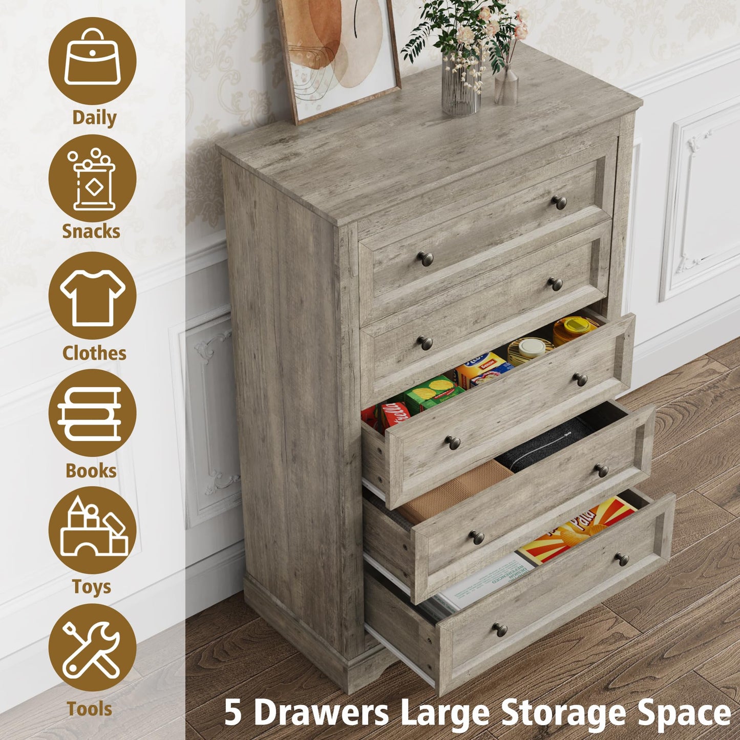 Farmhouse Bedroom Sets of 4, 4Pcs Farmhouse Dresser Set，Including 9 Drawer Dresser, 5 Drawer Dressers and Nightstand Set of 2 with Charging Station (Grey Sets, 4 Pieces)